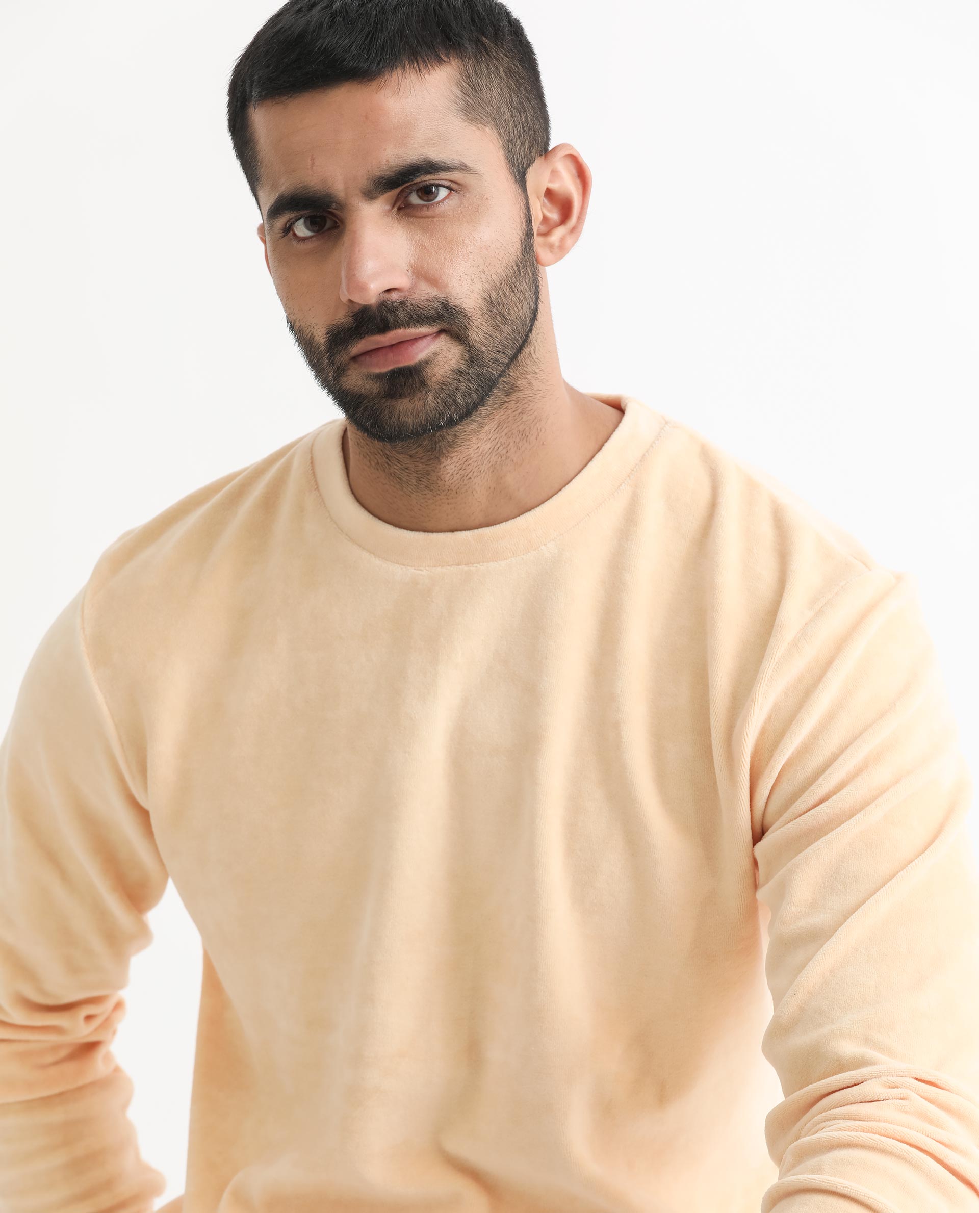 Rare Rabbit Mens Dube Yellow Cotton Polyester Vellore Velvet Fabric Round Neck Full Sleeves Comfortable Fit Knitted Sweatshirt