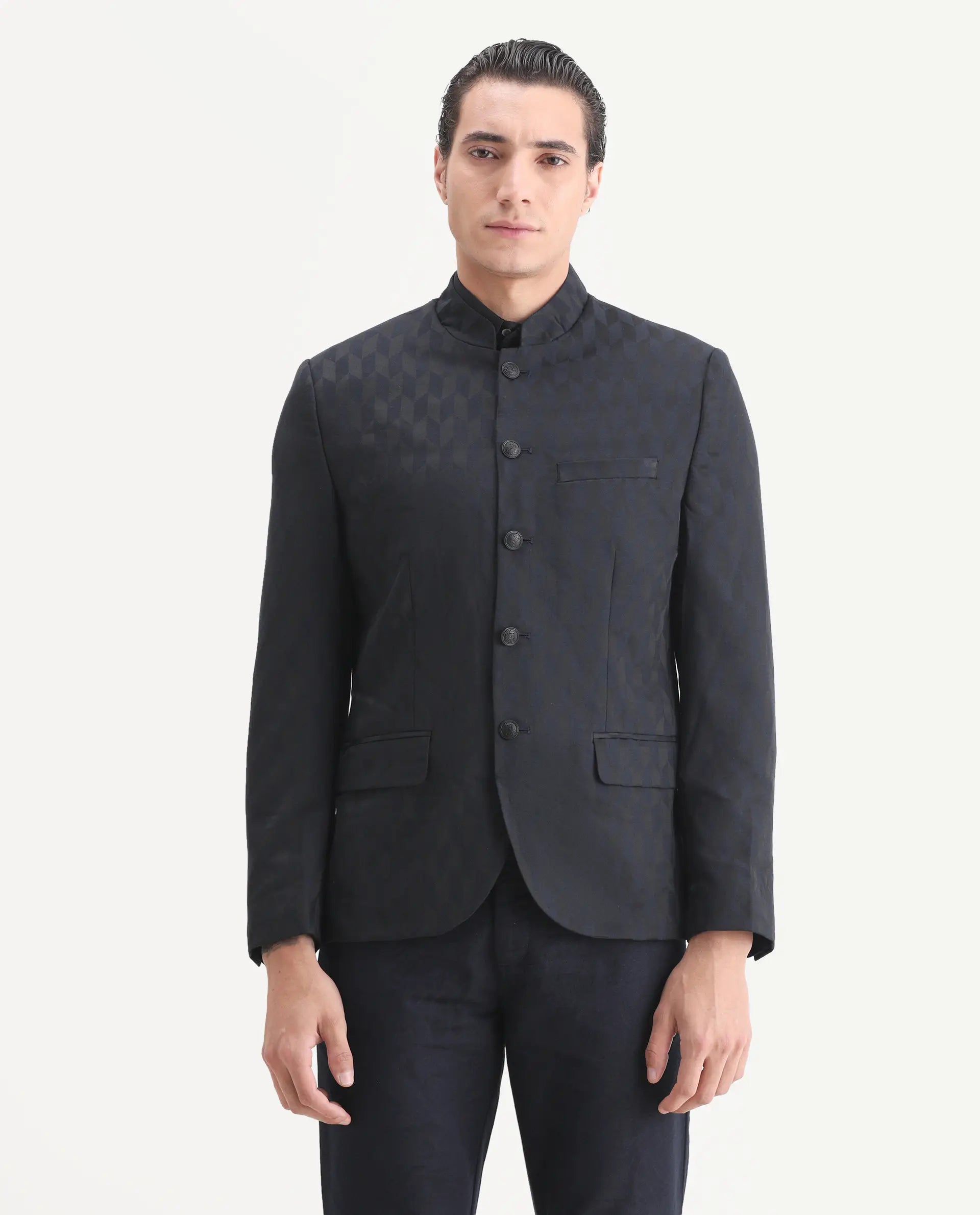 Rare Rabbit Men's Duffy Dark Navy Polyester Jacquard Tailored Fit Full Sleeve Mandarin Collar Bandhgala