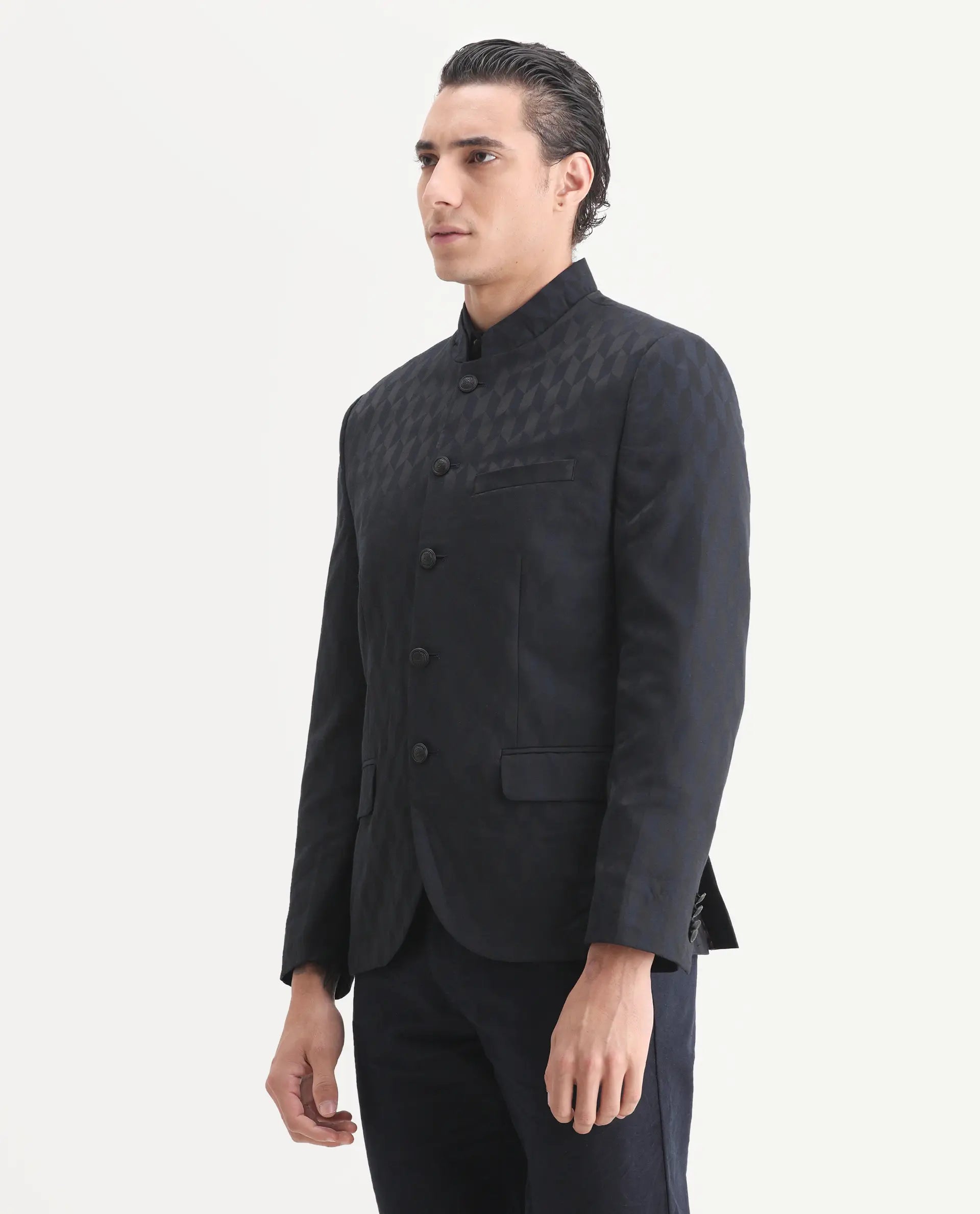 Rare Rabbit Men's Duffy Dark Navy Polyester Jacquard Tailored Fit Full Sleeve Mandarin Collar Bandhgala