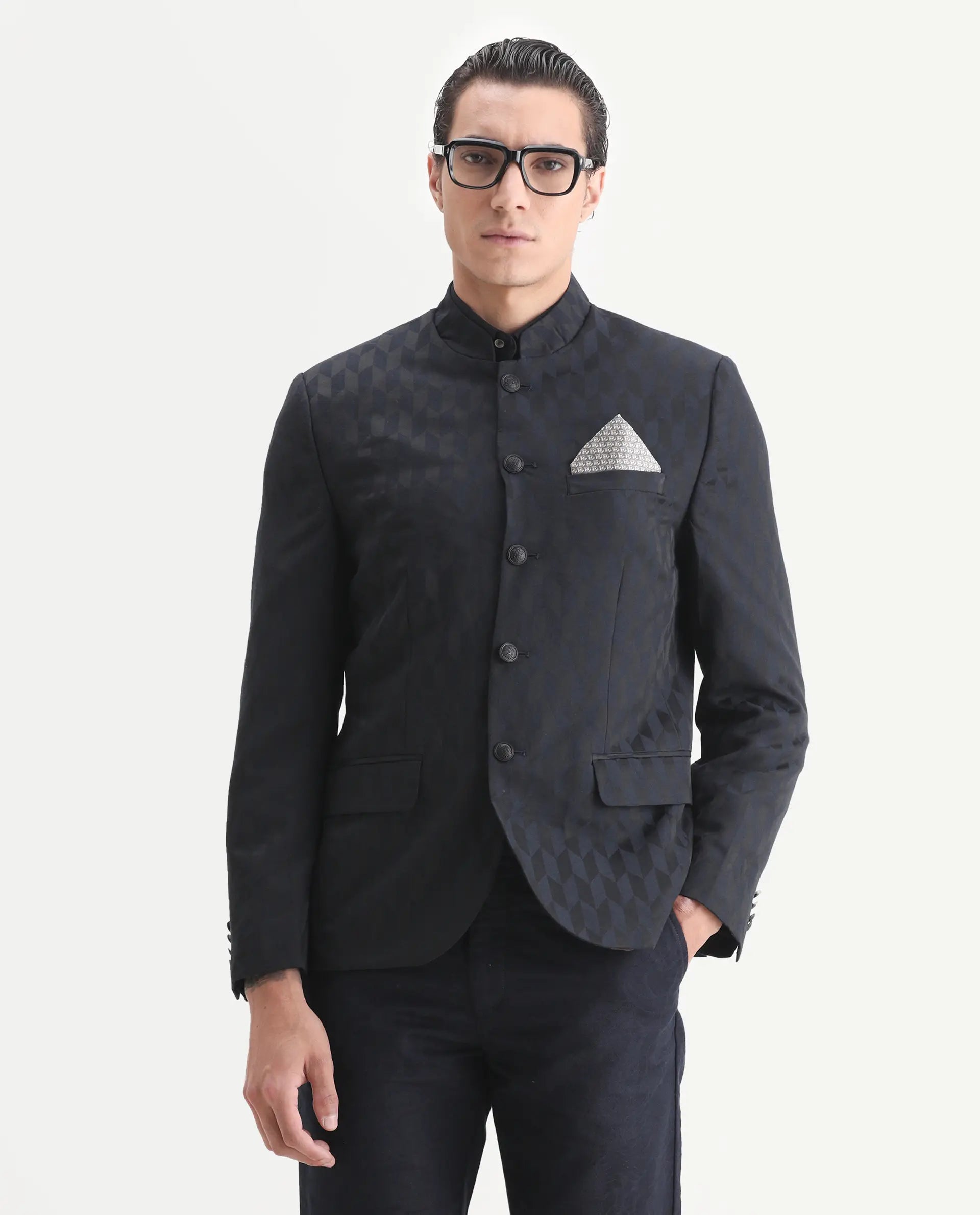 Rare Rabbit Men's Duffy Dark Navy Polyester Jacquard Tailored Fit Full Sleeve Mandarin Collar Bandhgala