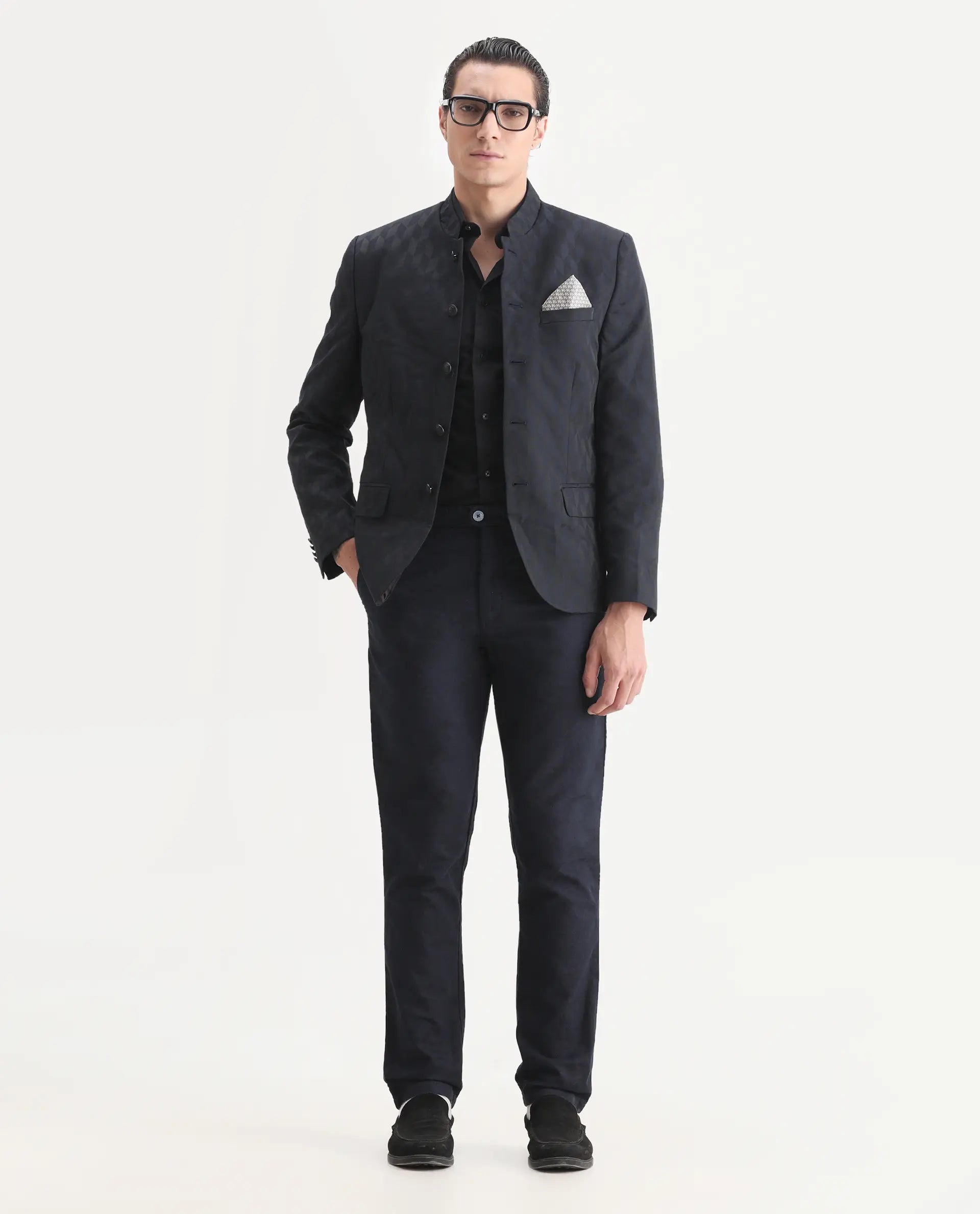 Rare Rabbit Men's Duffy Dark Navy Polyester Jacquard Tailored Fit Full Sleeve Mandarin Collar Bandhgala