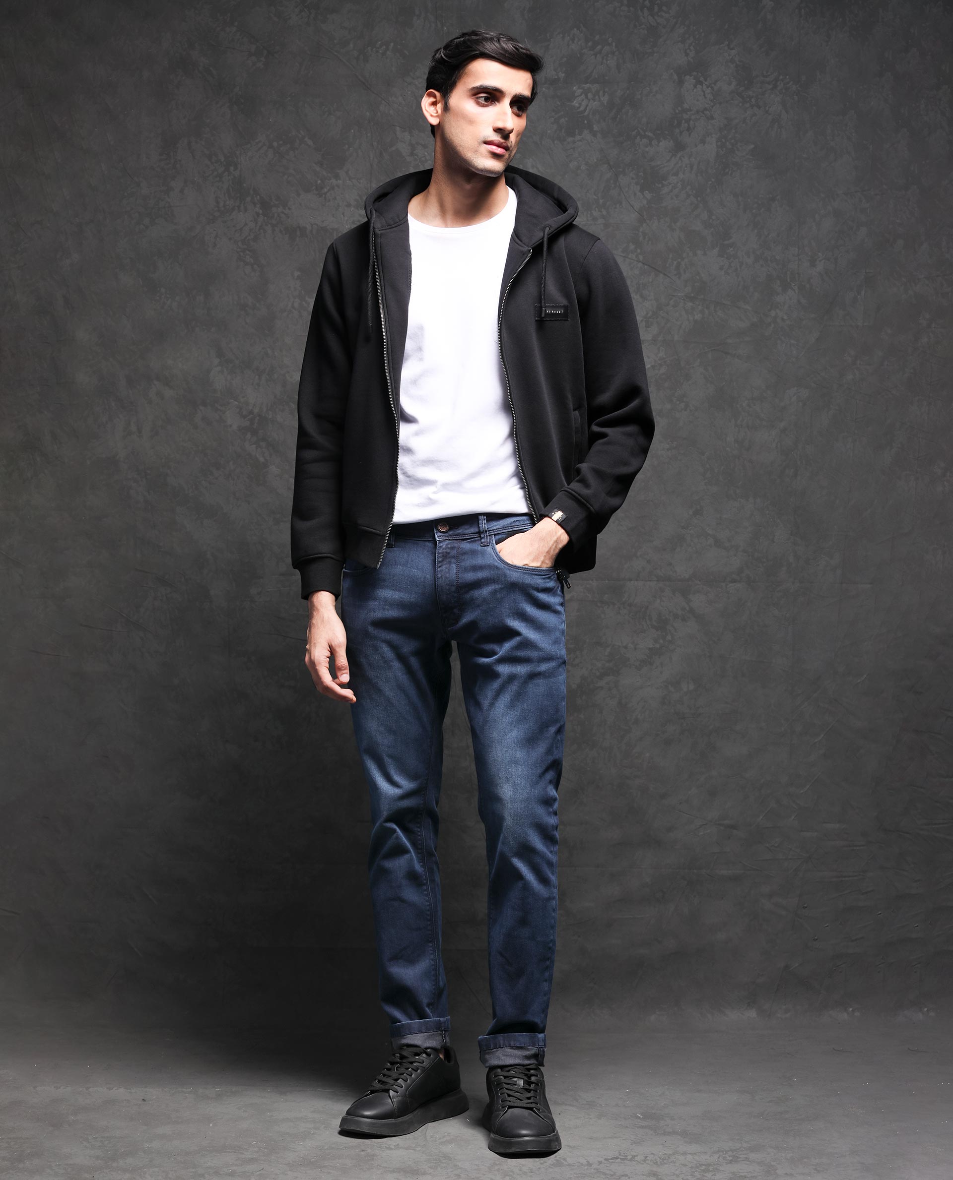 RARE RABBIT MEN'S DUKE BLACK SWEATSHIRT COTTON POLYESTER FABRIC HOODED NECK FULL SLEEVES ZIPPER CLOSURE SLIM FIT