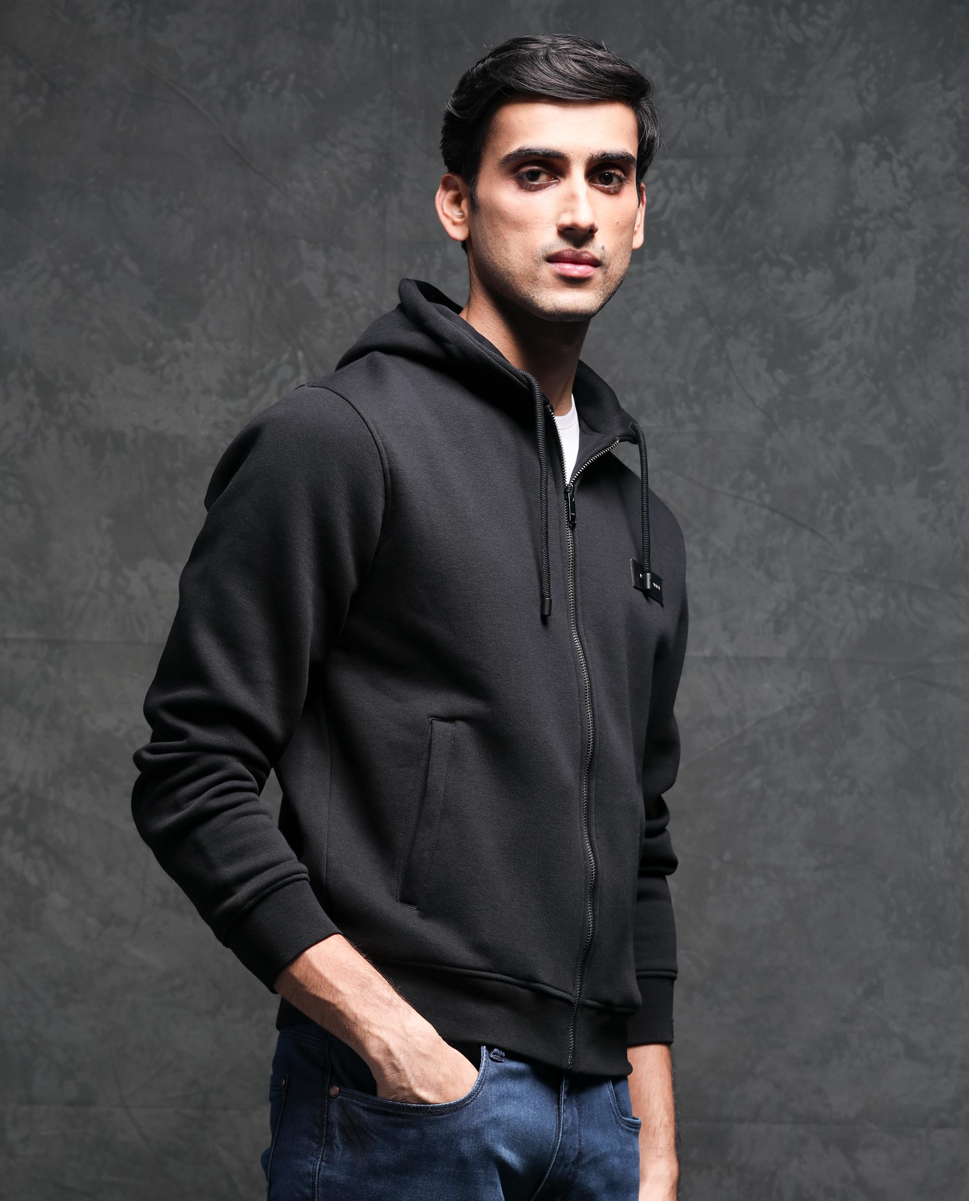 RARE RABBIT MEN'S DUKE BLACK SWEATSHIRT COTTON POLYESTER FABRIC HOODED NECK FULL SLEEVES ZIPPER CLOSURE SLIM FIT