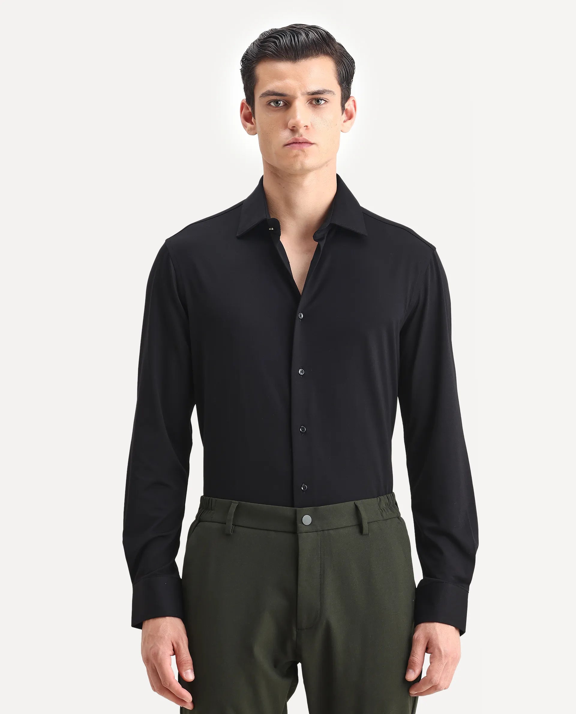 Rare Rabbit Men's Dulce Black Cotton Plain Regular Fit Full Sleeve Collared Shirt