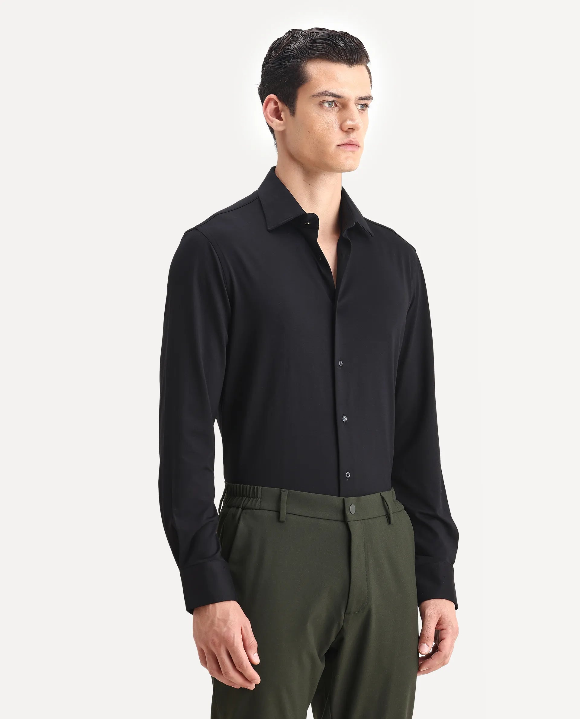 Rare Rabbit Men's Dulce Black Cotton Plain Regular Fit Full Sleeve Collared Shirt