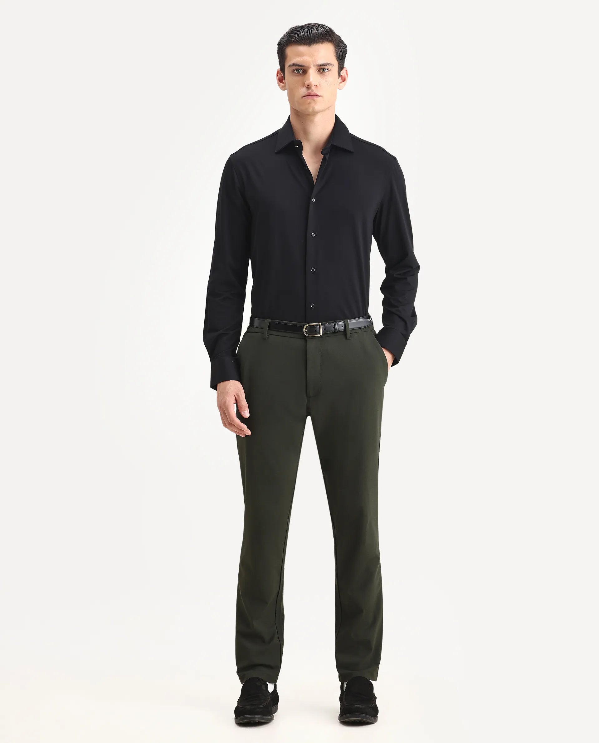 Rare Rabbit Men's Dulce Black Cotton Plain Regular Fit Full Sleeve Collared Shirt