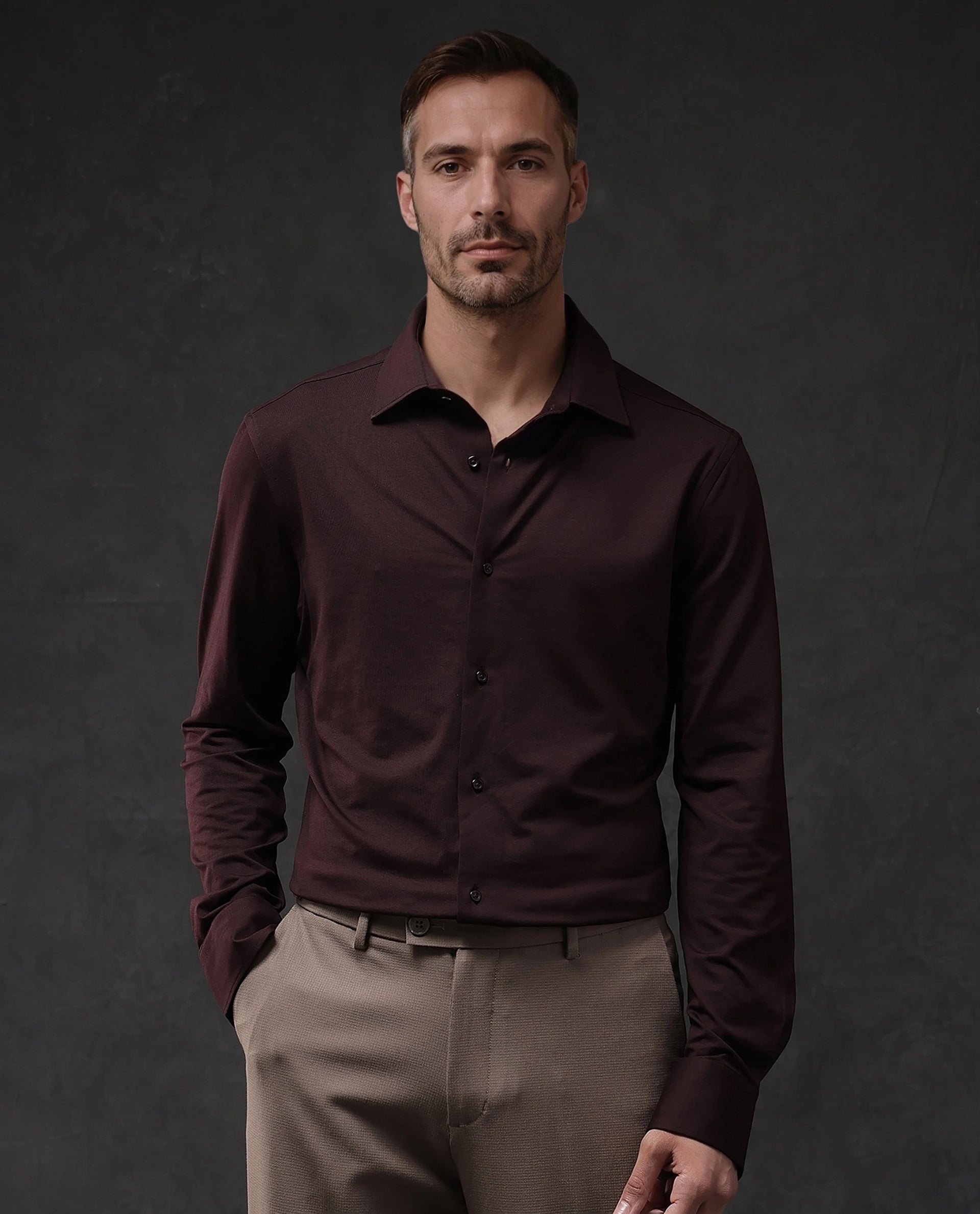 Rare Rabbit Men Dulce Dark Maroon Cotton Fabric Full Sleeve Regular Fit Solid Shirt