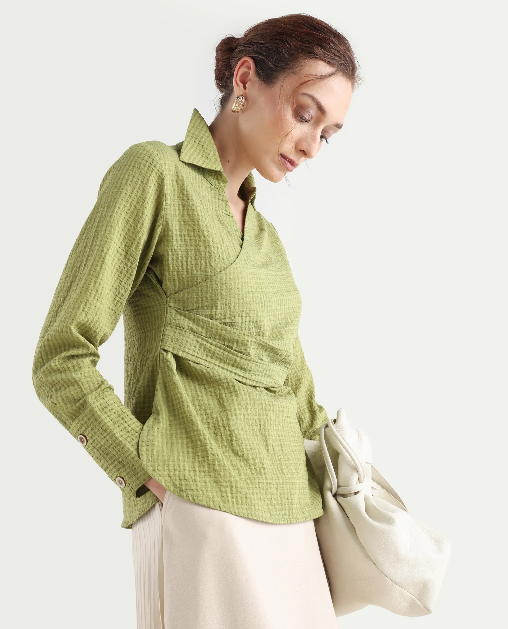 Rareism Women's Duna Olive Polyester Spread Collar Plain Cuffed Sleeve Regular Fit Top