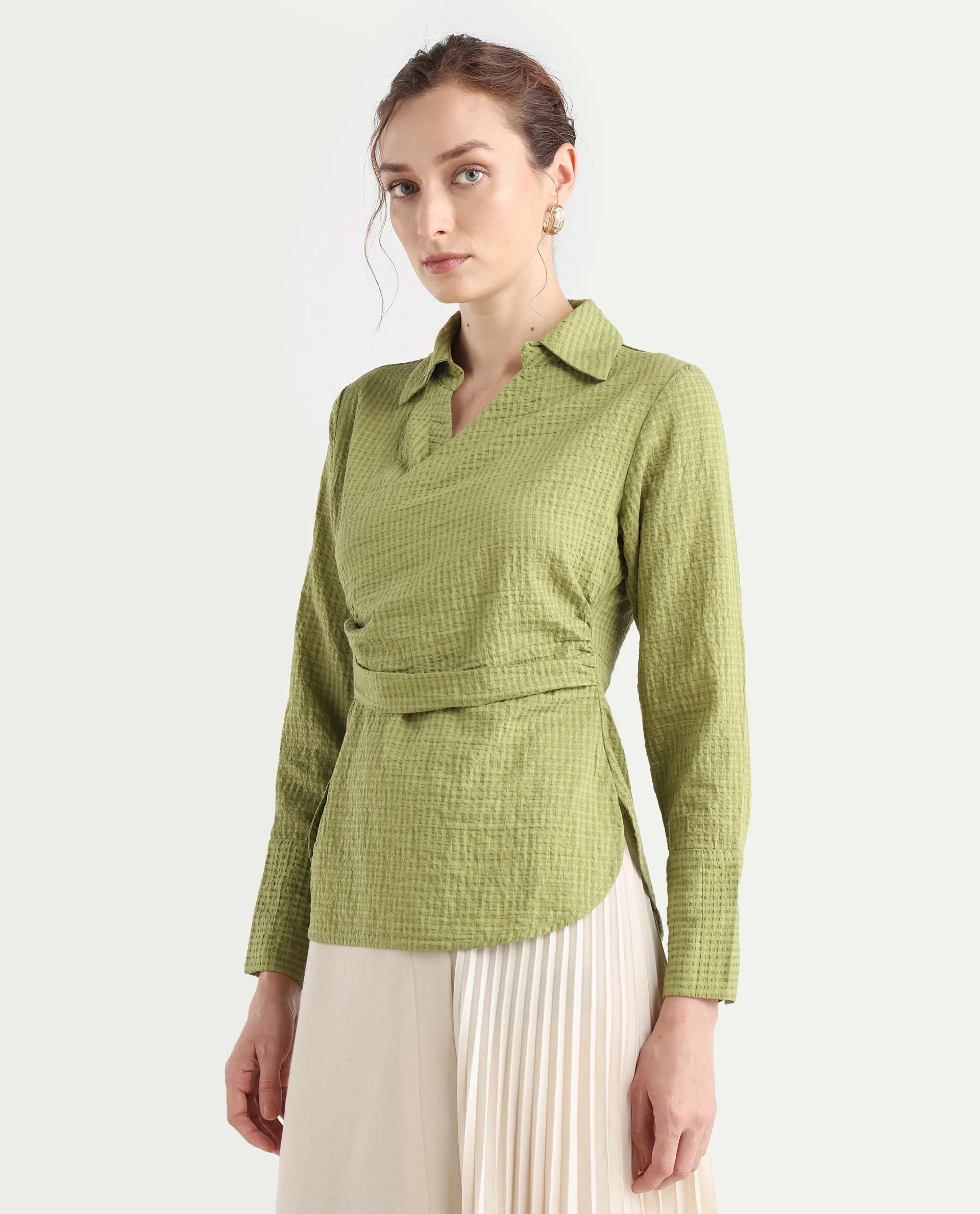Rareism Women's Duna Olive Polyester Spread Collar Plain Cuffed Sleeve Regular Fit Top