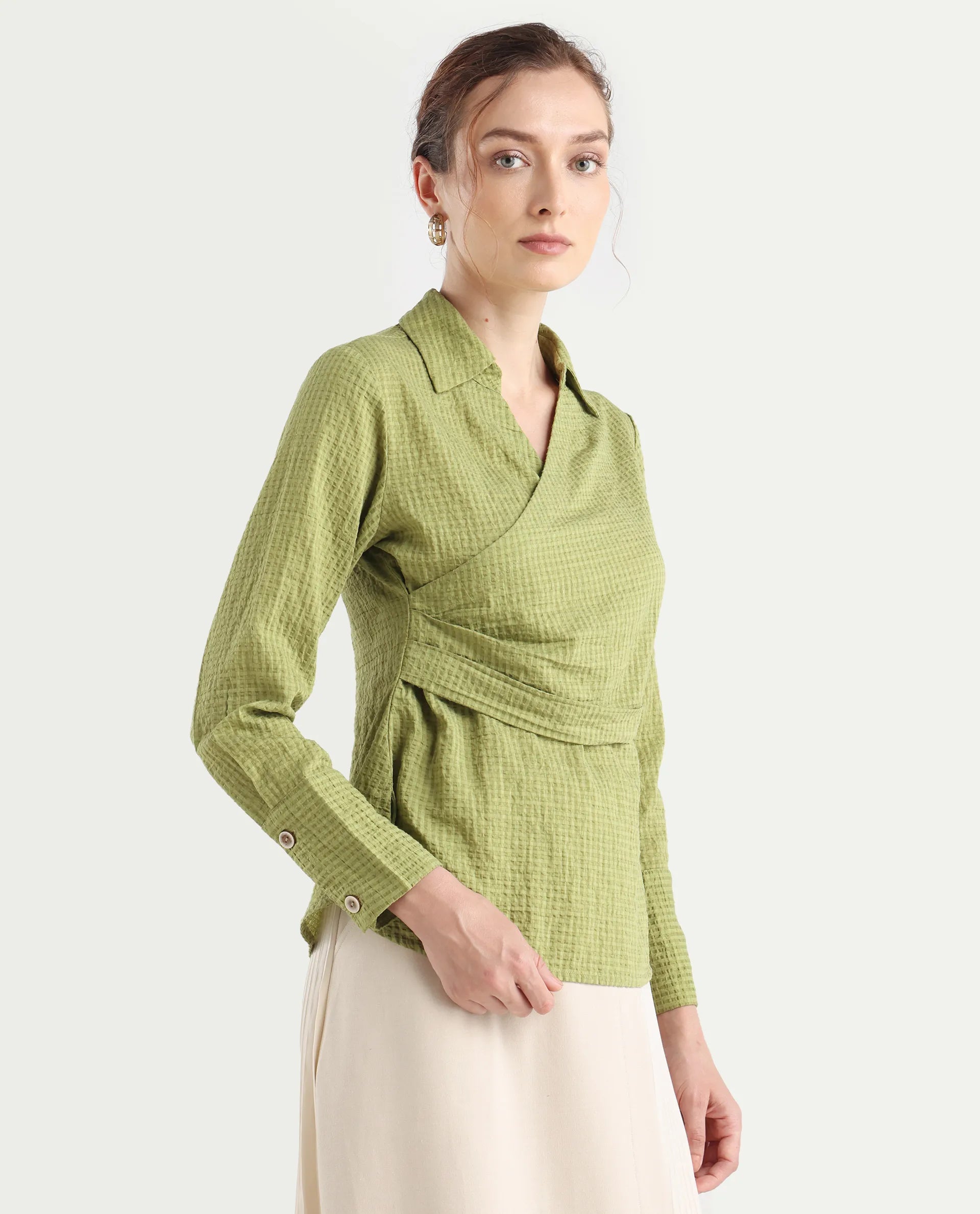 Rareism Women's Duna Olive Polyester Spread Collar Plain Cuffed Sleeve Regular Fit Top
