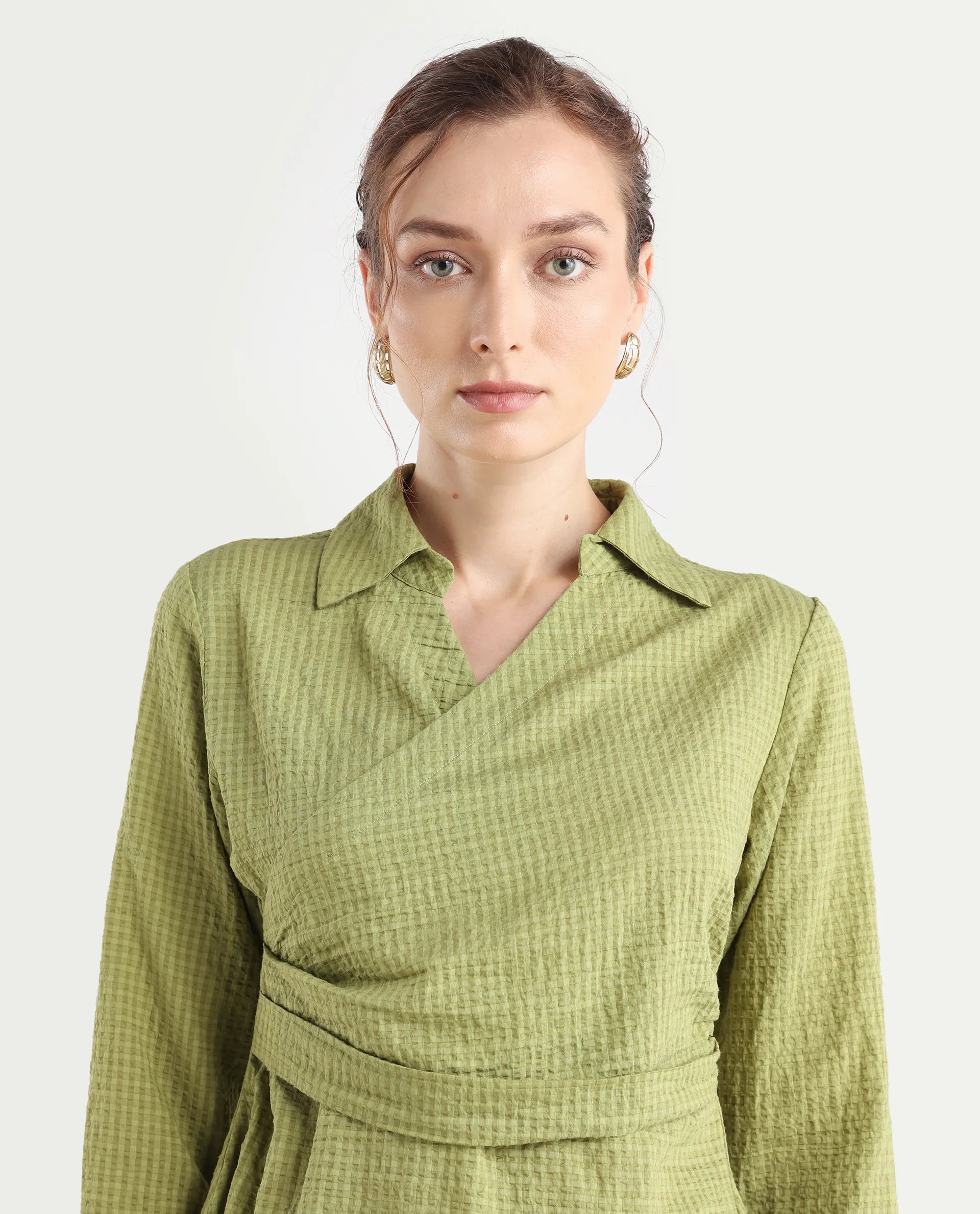Rareism Women's Duna Olive Polyester Spread Collar Plain Cuffed Sleeve Regular Fit Top