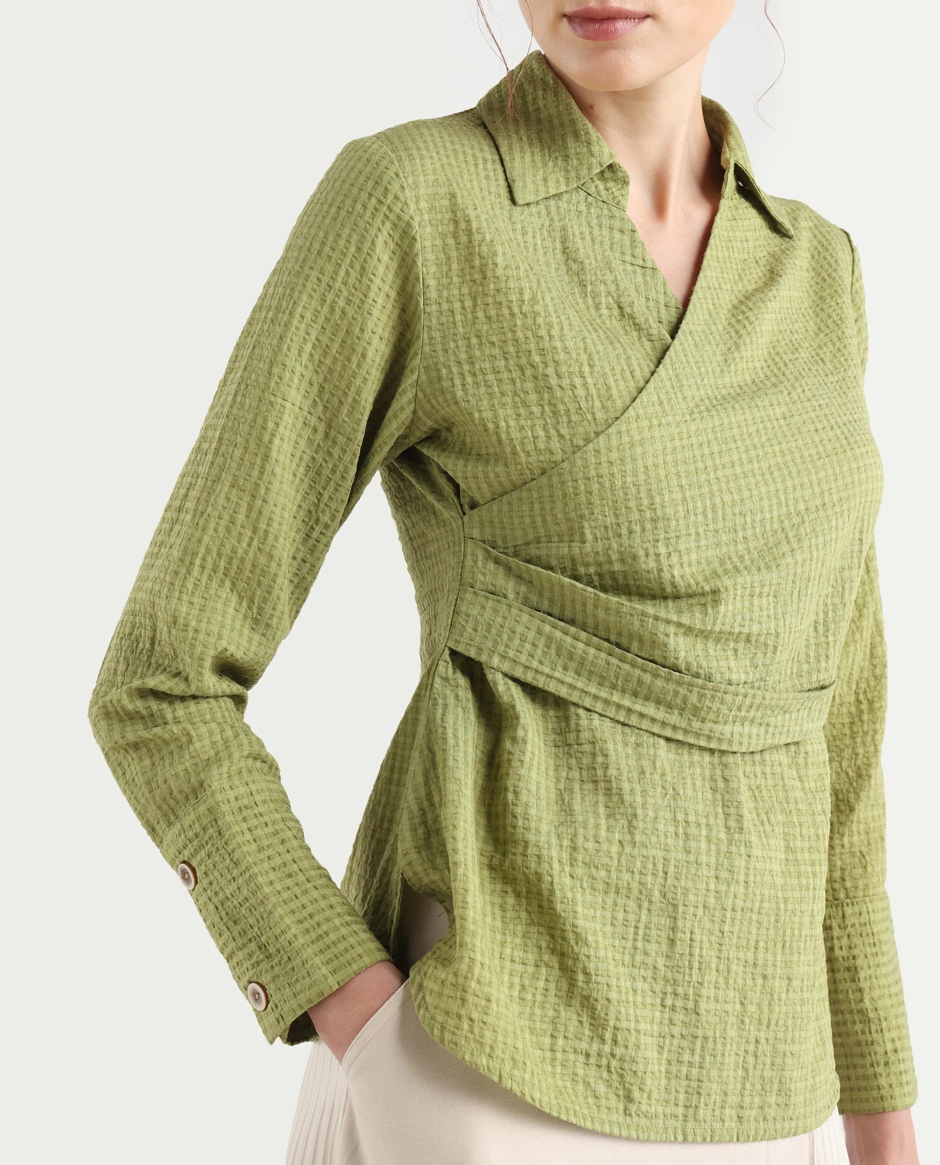 Rareism Women's Duna Olive Polyester Spread Collar Plain Cuffed Sleeve Regular Fit Top