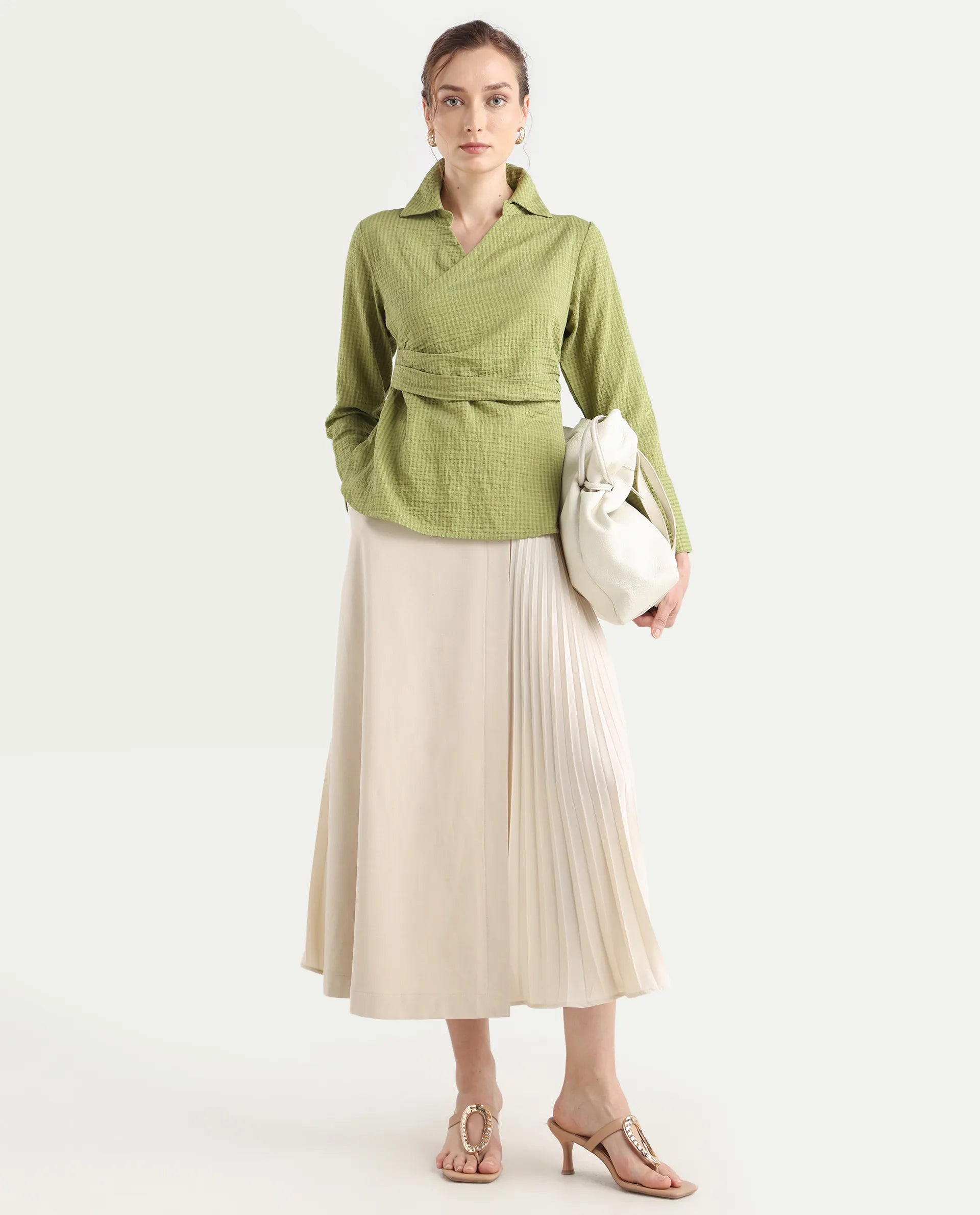 Rareism Women's Duna Olive Polyester Spread Collar Plain Cuffed Sleeve Regular Fit Top