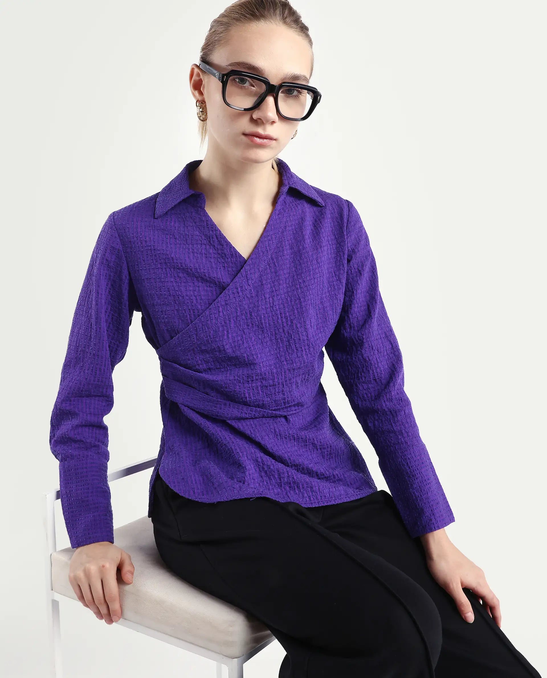 Rareism Women's Duna Purple Polyester Johnny Collar Plain Cuffed Sleeve Regular Fit Top