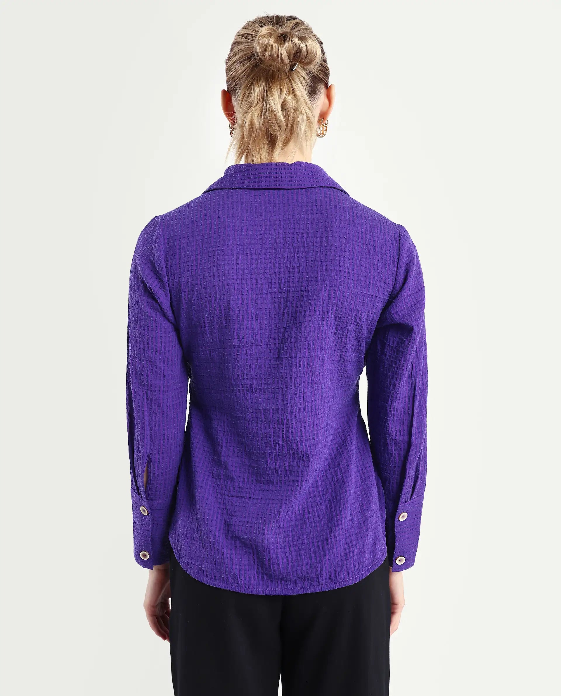 Rareism Women's Duna Purple Polyester Johnny Collar Plain Cuffed Sleeve Regular Fit Top