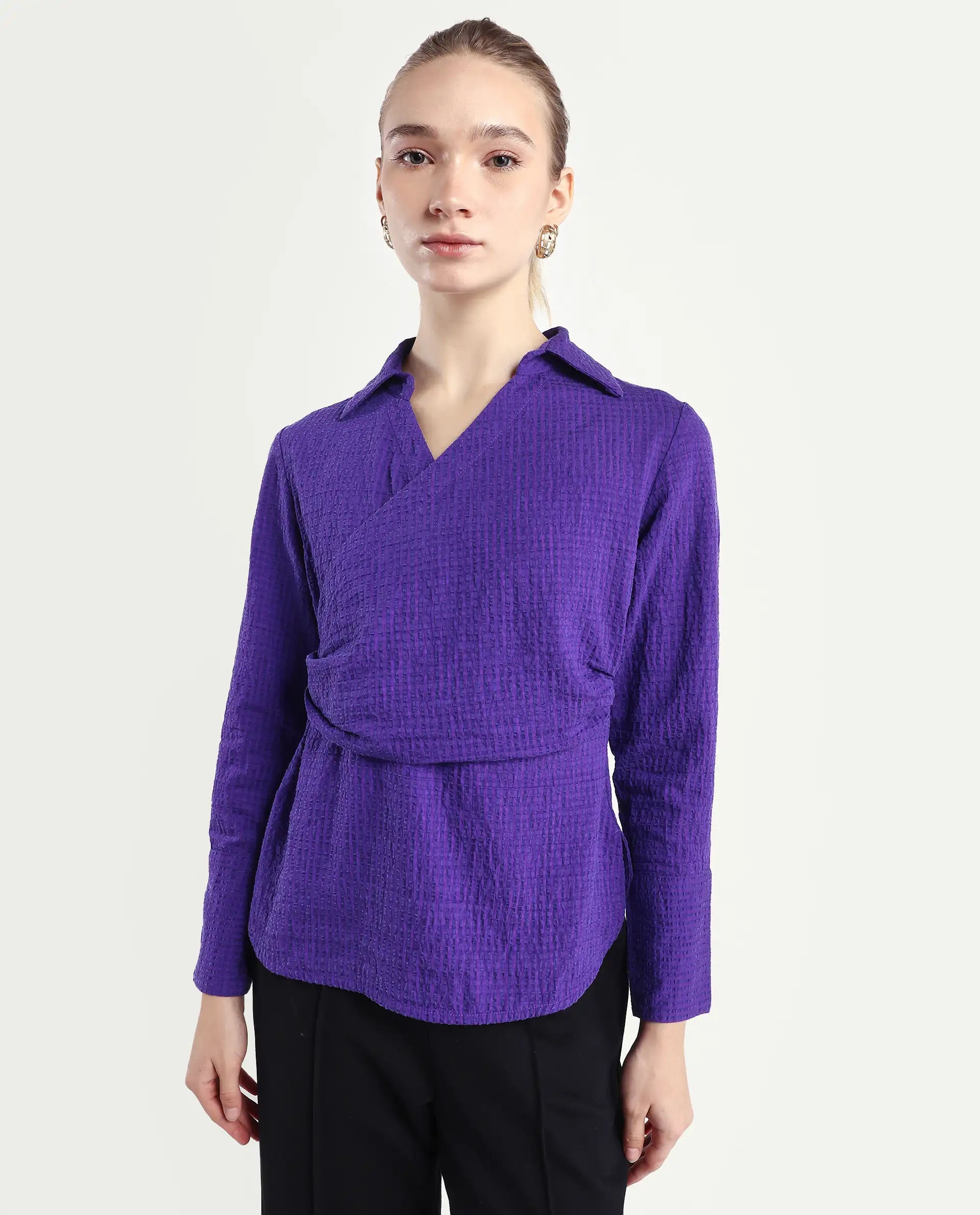 Rareism Women's Duna Purple Polyester Johnny Collar Plain Cuffed Sleeve Regular Fit Top