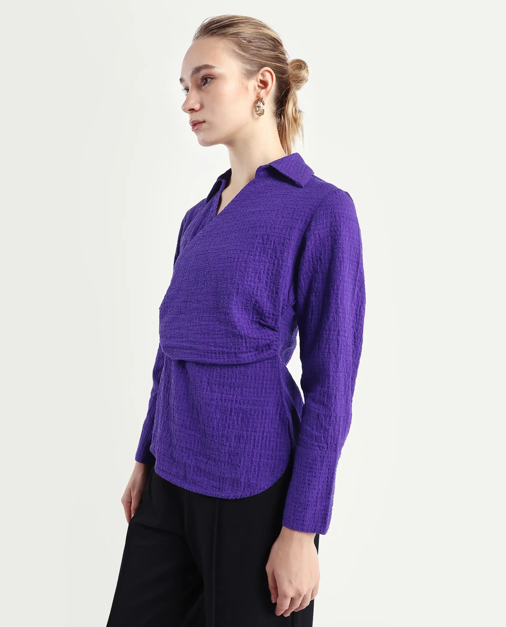 Rareism Women's Duna Purple Polyester Johnny Collar Plain Cuffed Sleeve Regular Fit Top