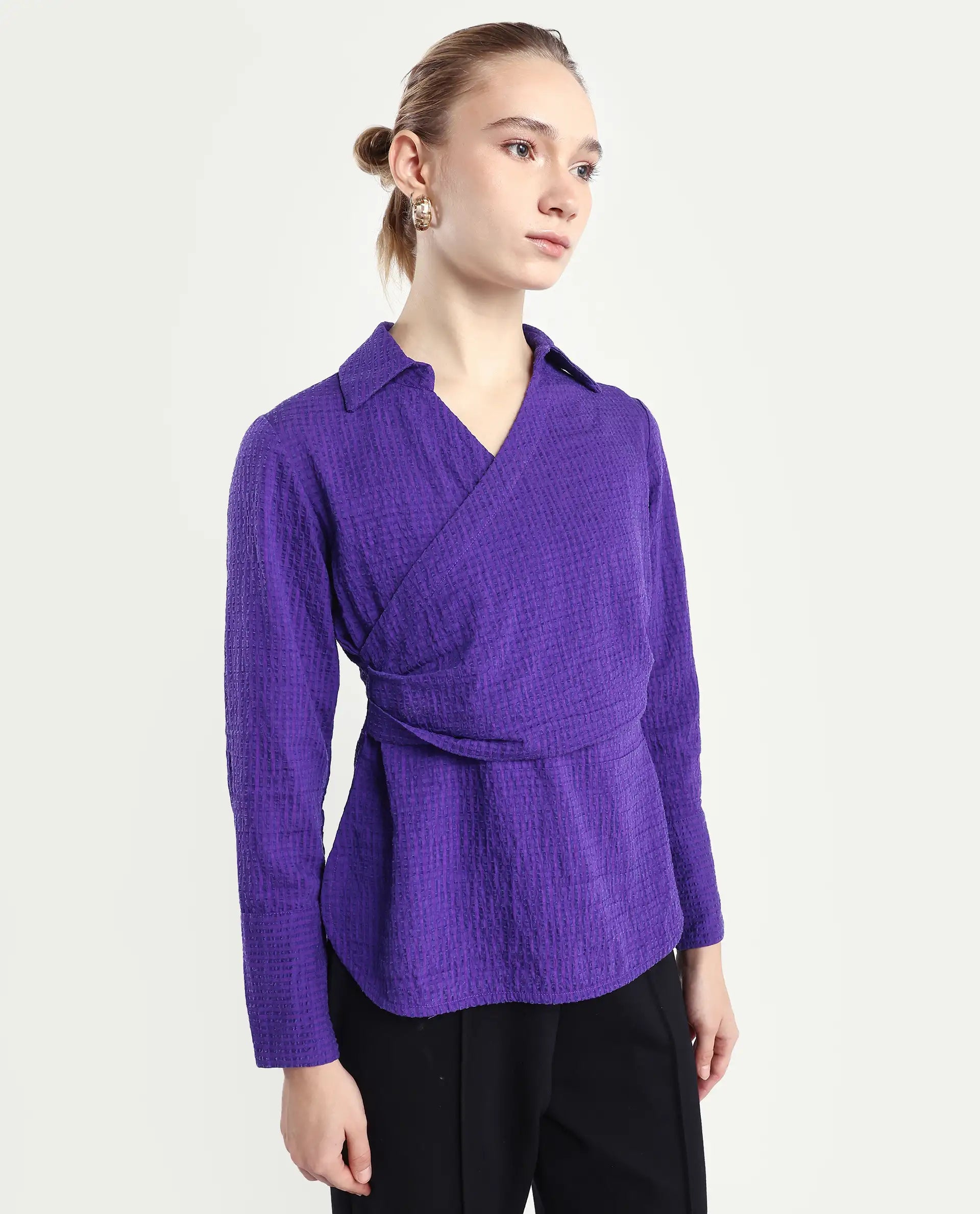 Rareism Women's Duna Purple Polyester Johnny Collar Plain Cuffed Sleeve Regular Fit Top