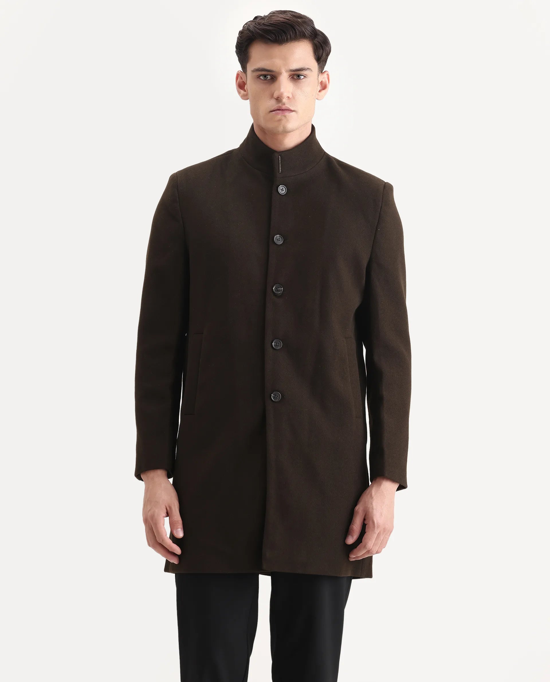 Rare Rabbit Men's Dune-25 Olive Polyester Blend Fabric High Neck Relaxed Plain Coat