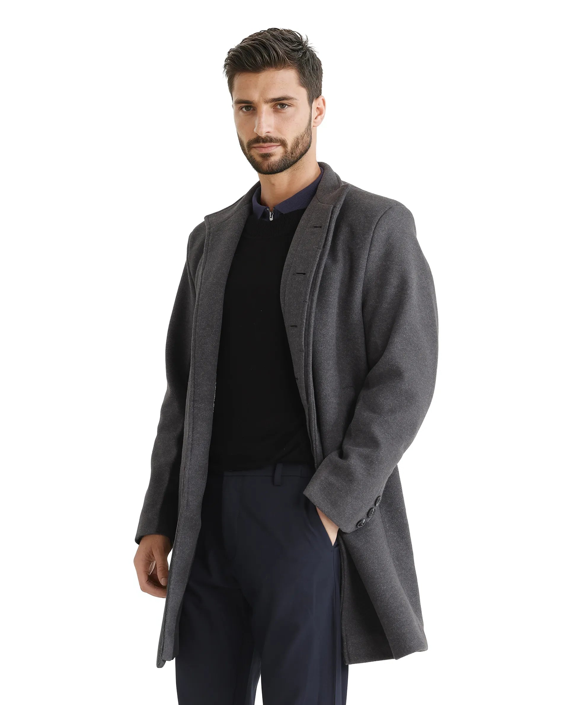 Rare Rabbit Men Dune-2 Grey Polyester Rayon Fabric Full Sleeve High Neck Button Closure Textured Long Coat