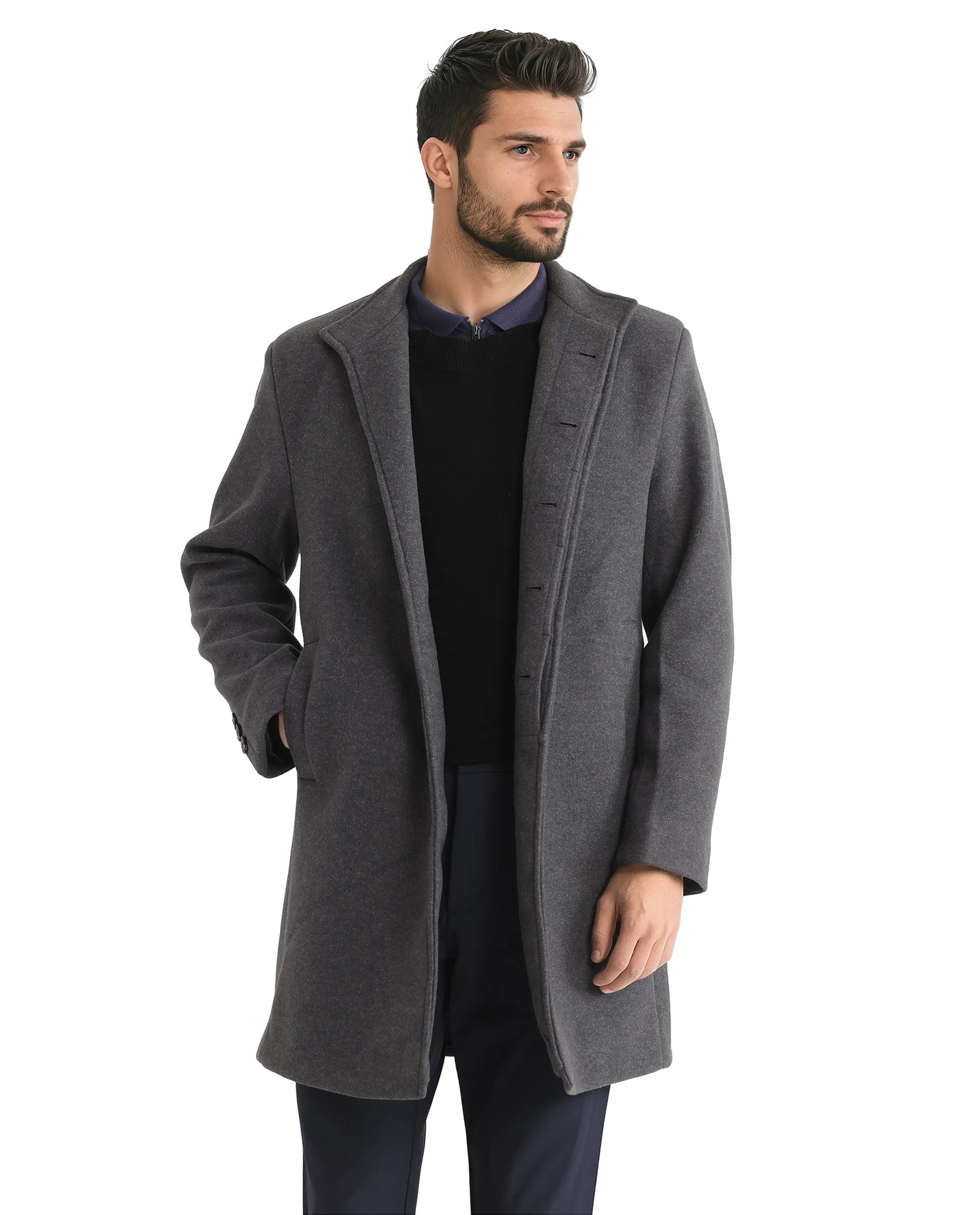 Rare Rabbit Men Dune-2 Grey Polyester Rayon Fabric Full Sleeve High Neck Button Closure Textured Long Coat
