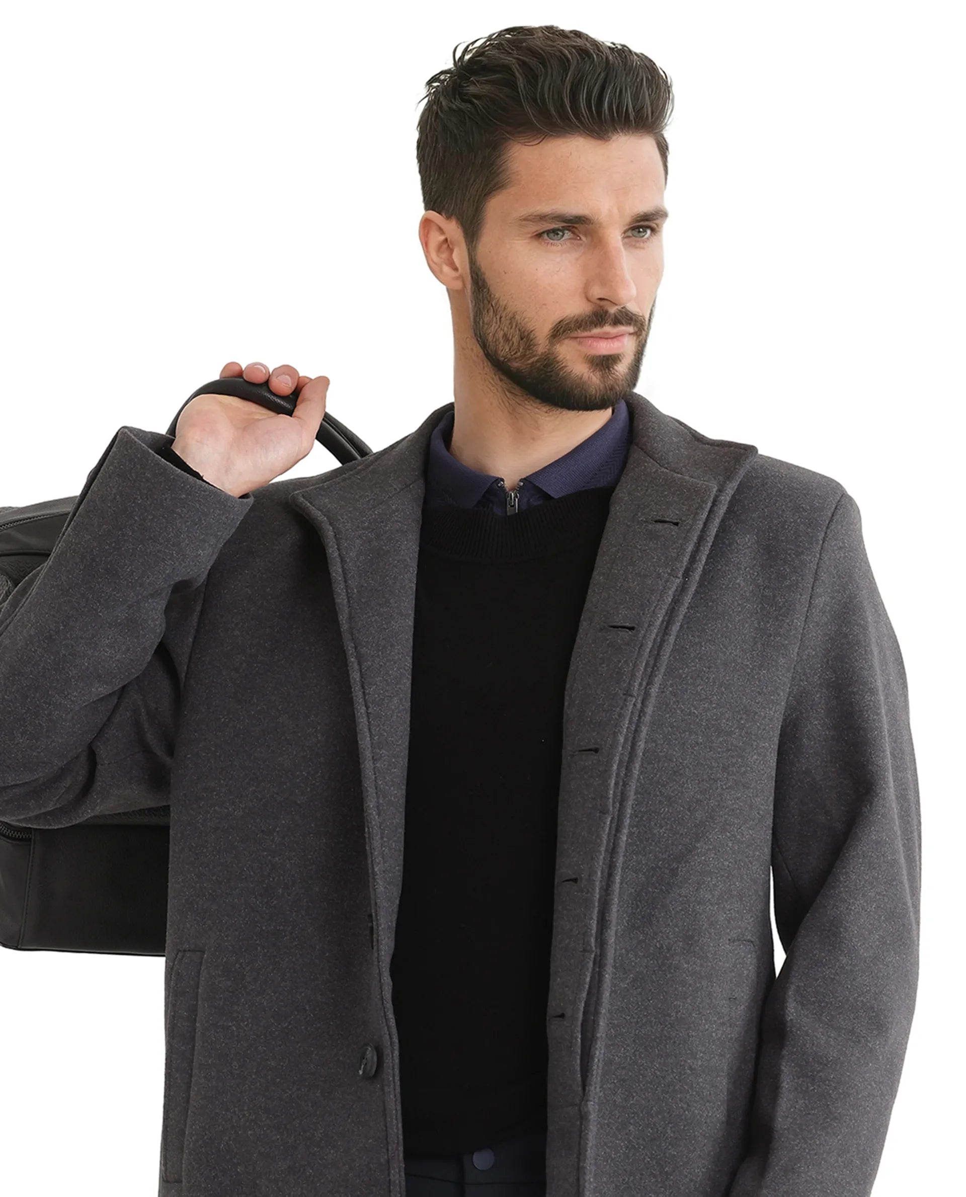 Rare Rabbit Men Dune-2 Grey Polyester Rayon Fabric Full Sleeve High Neck Button Closure Textured Long Coat