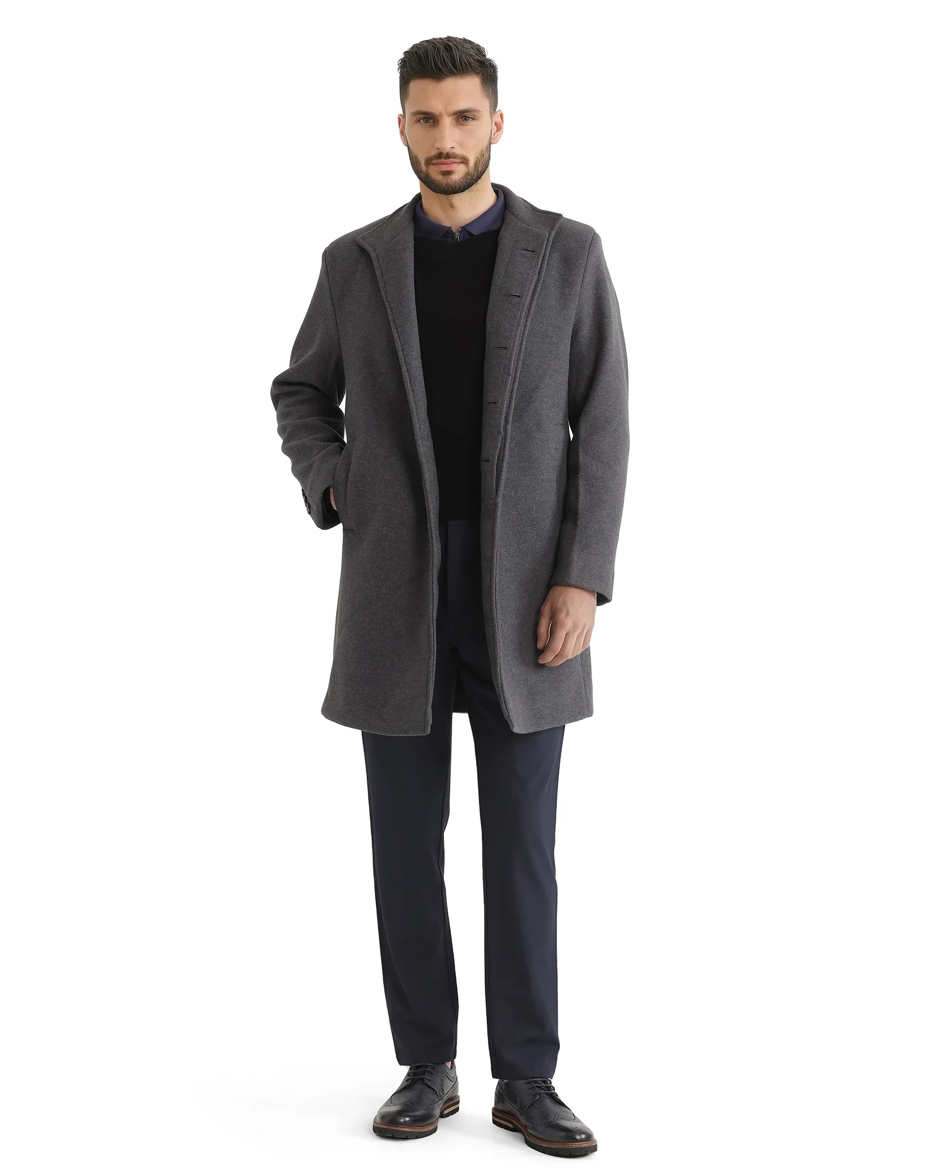Rare Rabbit Men Dune-2 Grey Polyester Rayon Fabric Full Sleeve High Neck Button Closure Textured Long Coat