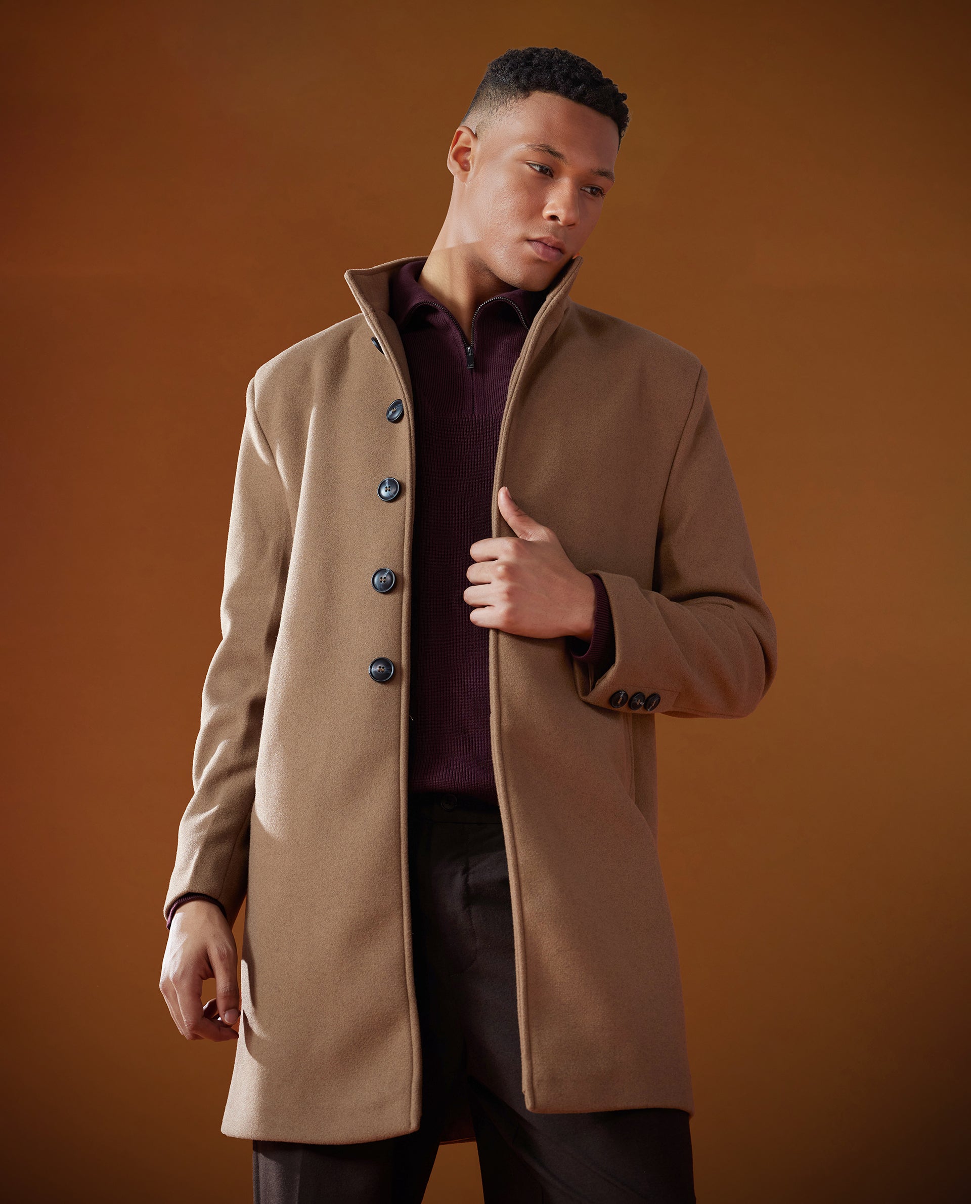 Rare Rabbit Men Dune-2 Mustard Polyester Rayon Fabric Full Sleeve Round Neck Button Closure Textured Long Coat