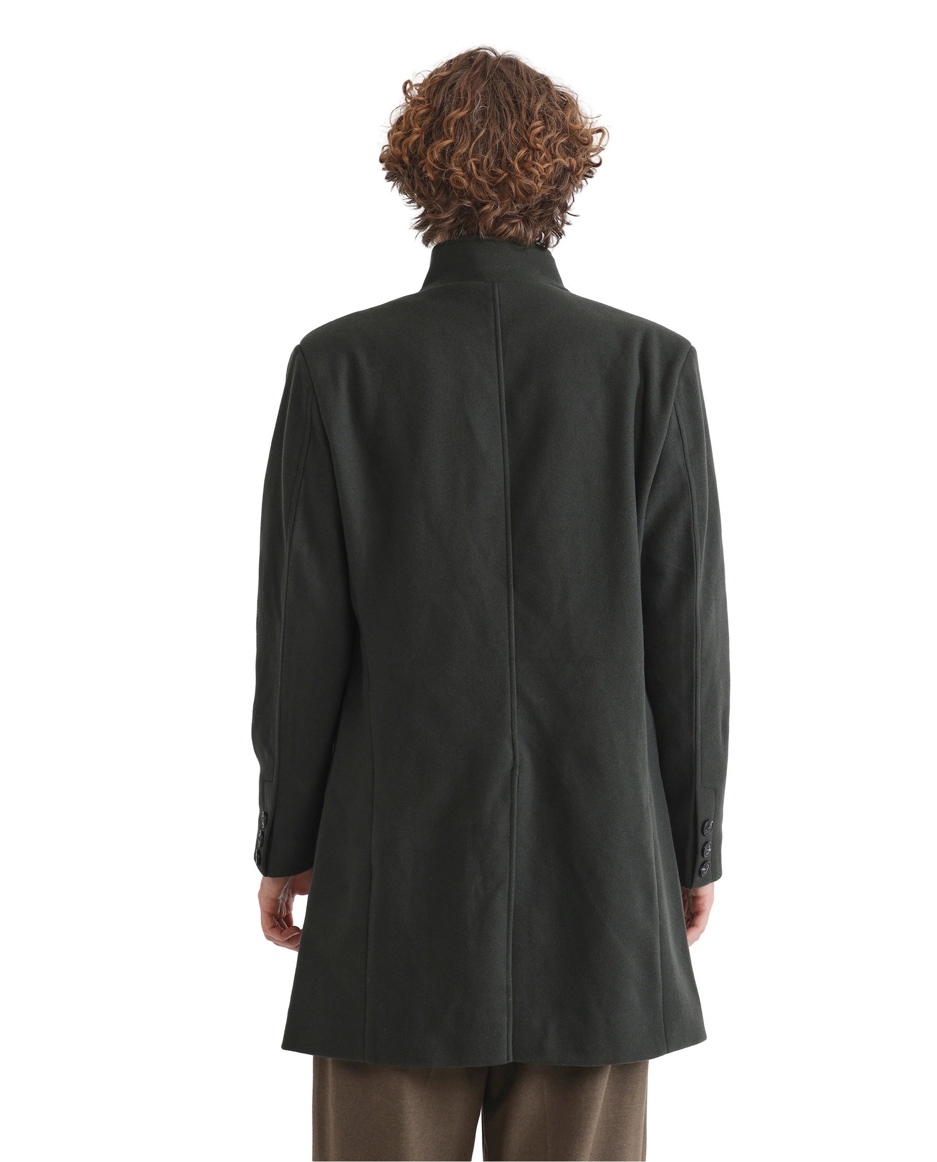 Rare Rabbit Men Dune-2 Olive Polyester Rayon Fabric Full Sleeve Round Neck Button Closure Textured Long Coat