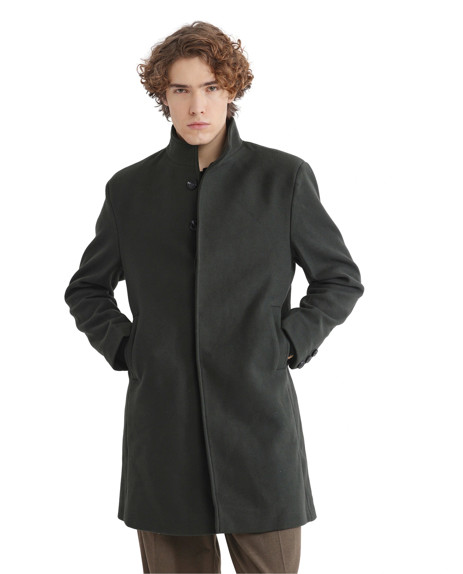 Rare Rabbit Men Dune-2 Olive Polyester Rayon Fabric Full Sleeve Round Neck Button Closure Textured Long Coat