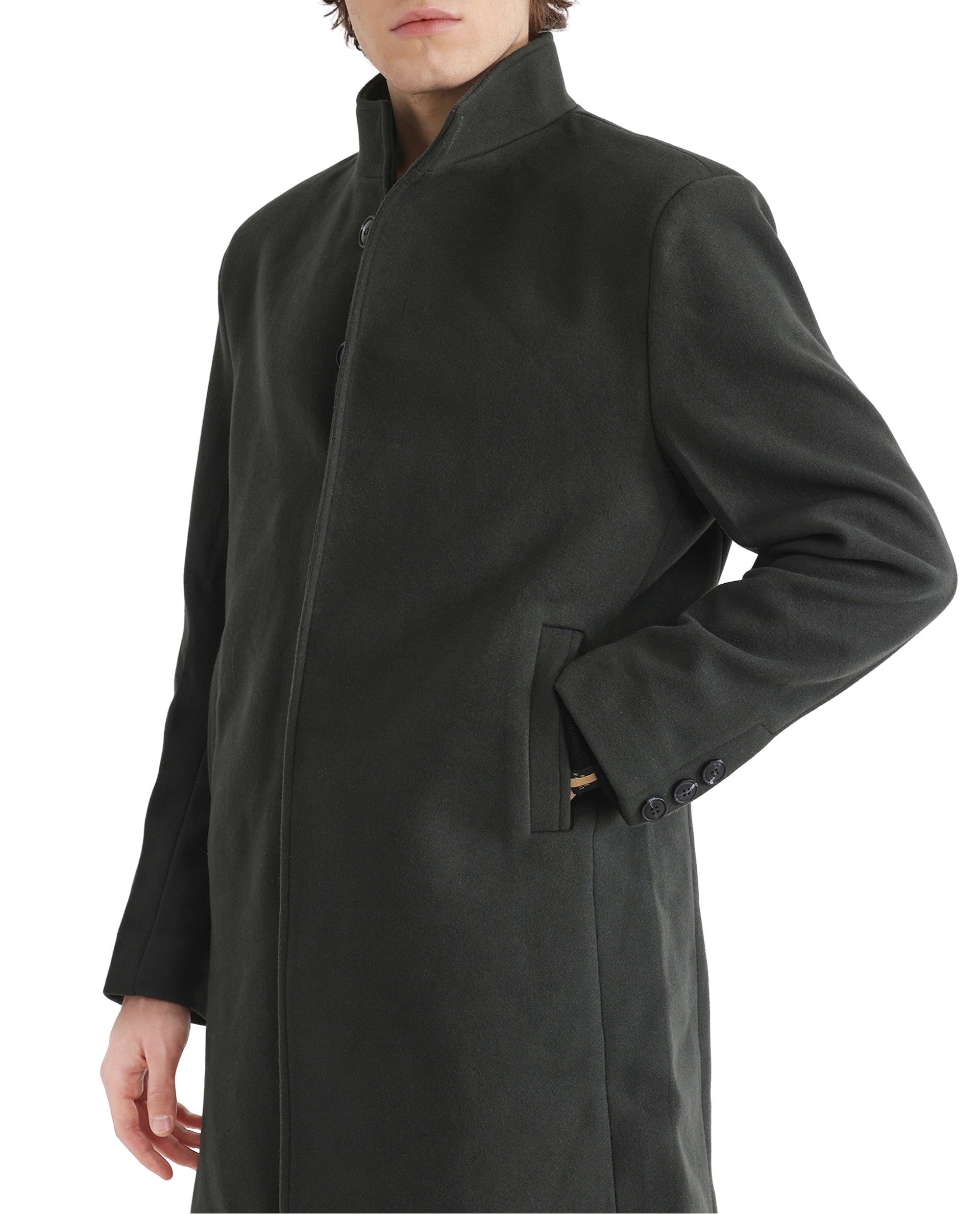 Rare Rabbit Men Dune-2 Olive Polyester Rayon Fabric Full Sleeve Round Neck Button Closure Textured Long Coat