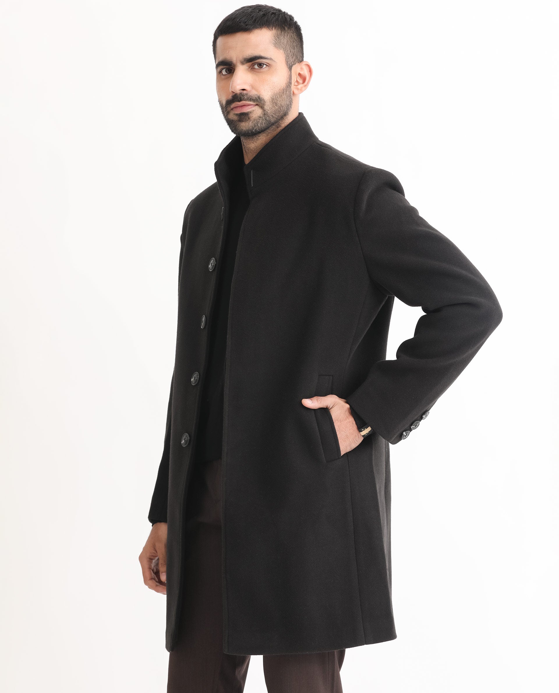 Rare Rabbit Men's Dune Black Textured High Neck Long Coat