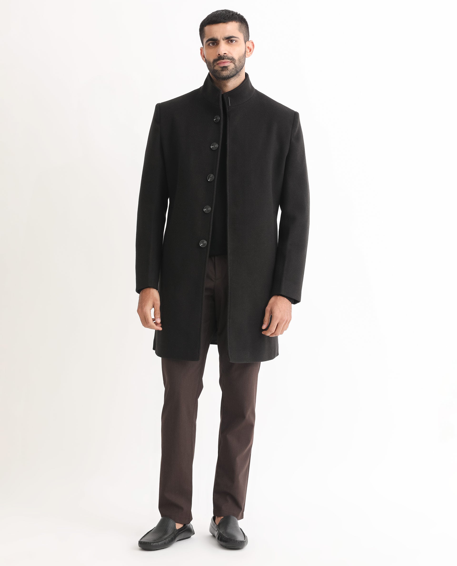 Rare Rabbit Men's Dune Black Textured High Neck Long Coat
