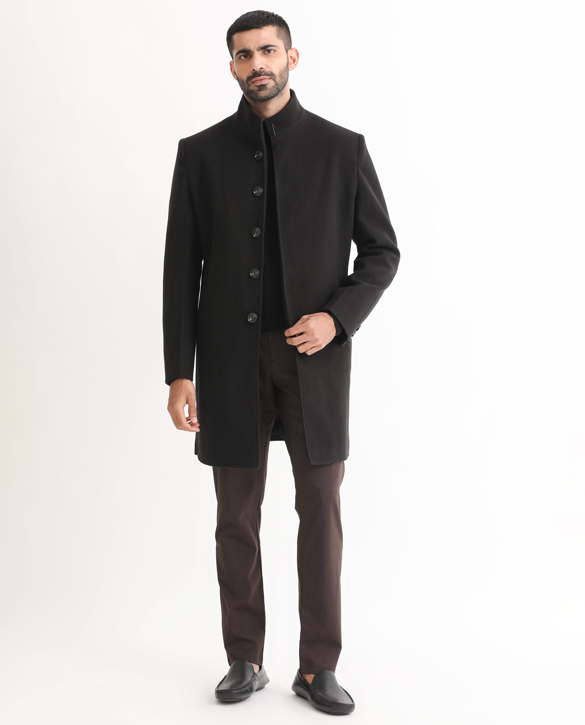 Rare Rabbit Men's Dune Black Textured High Neck Long Coat