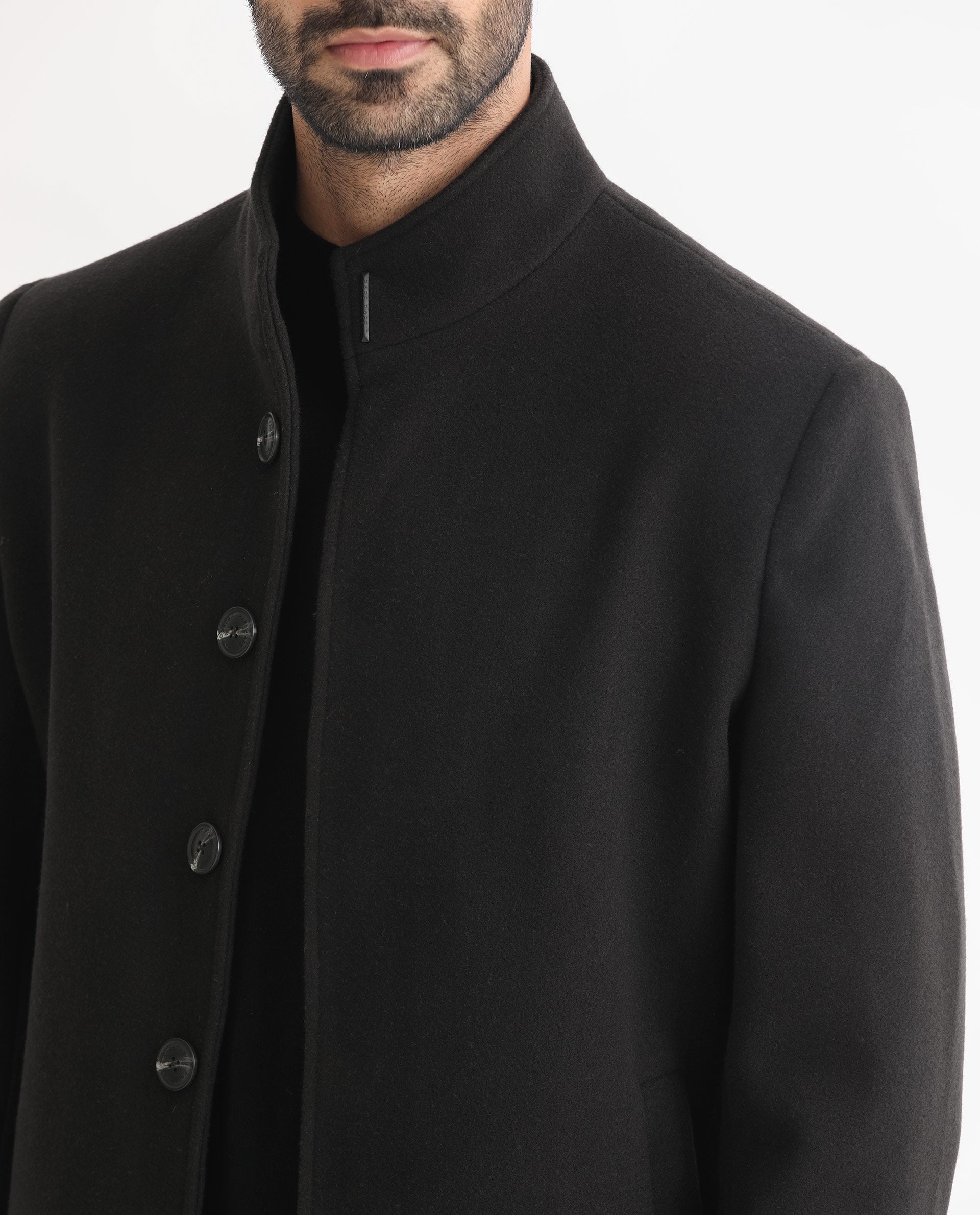 Rare Rabbit Men's Dune Black Textured High Neck Long Coat
