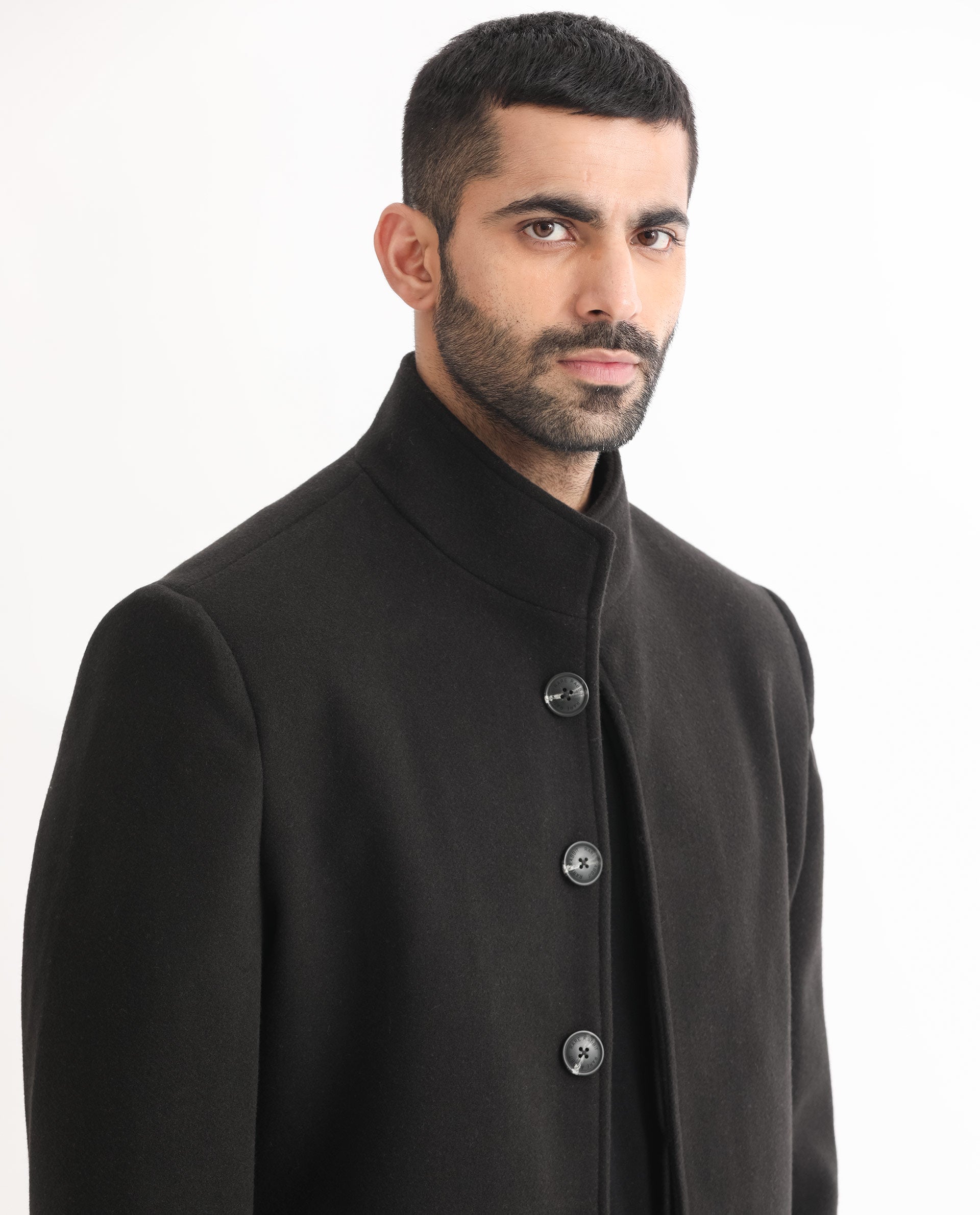 Rare Rabbit Men's Dune Black Textured High Neck Long Coat