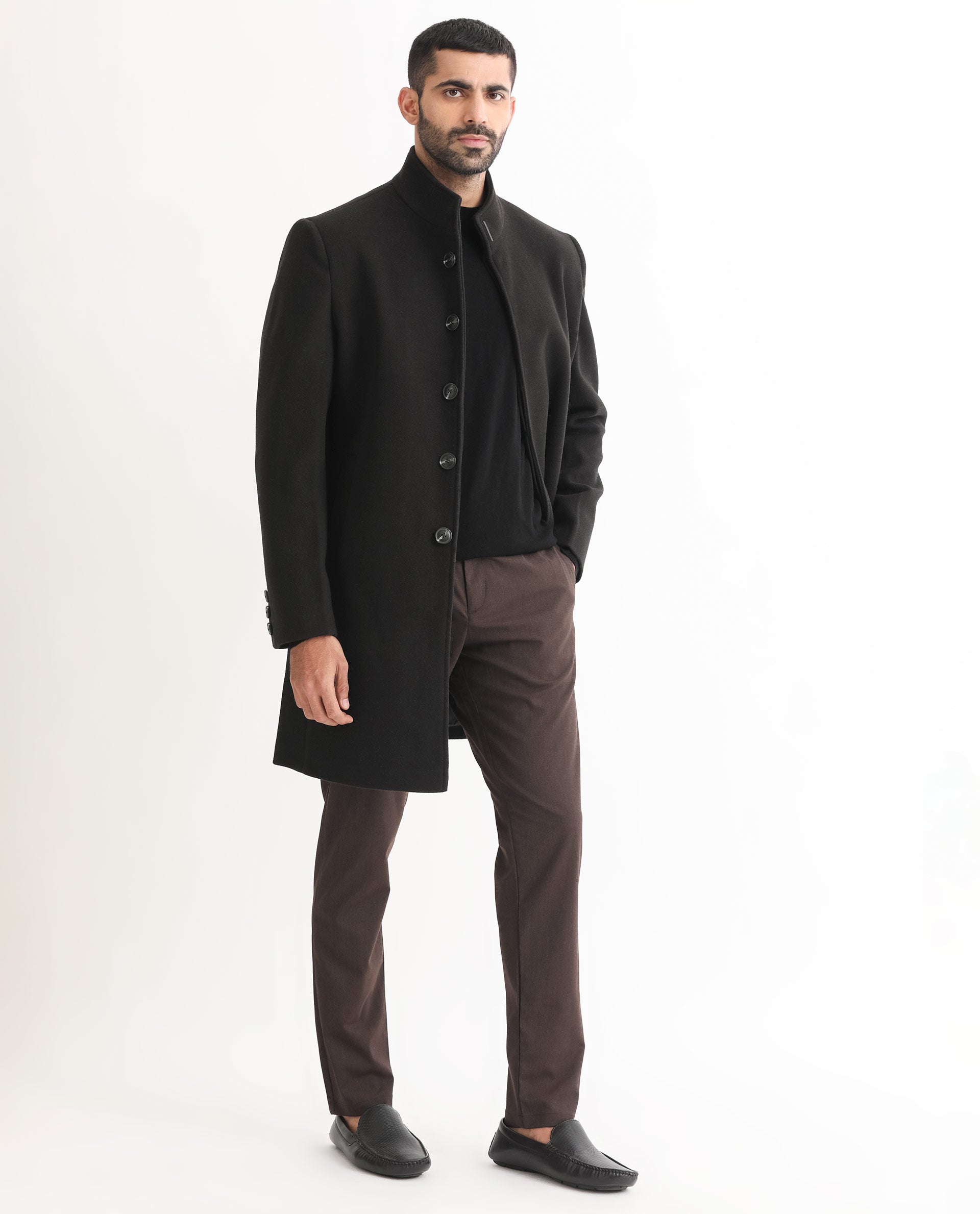 Rare Rabbit Men's Dune Black Textured High Neck Long Coat