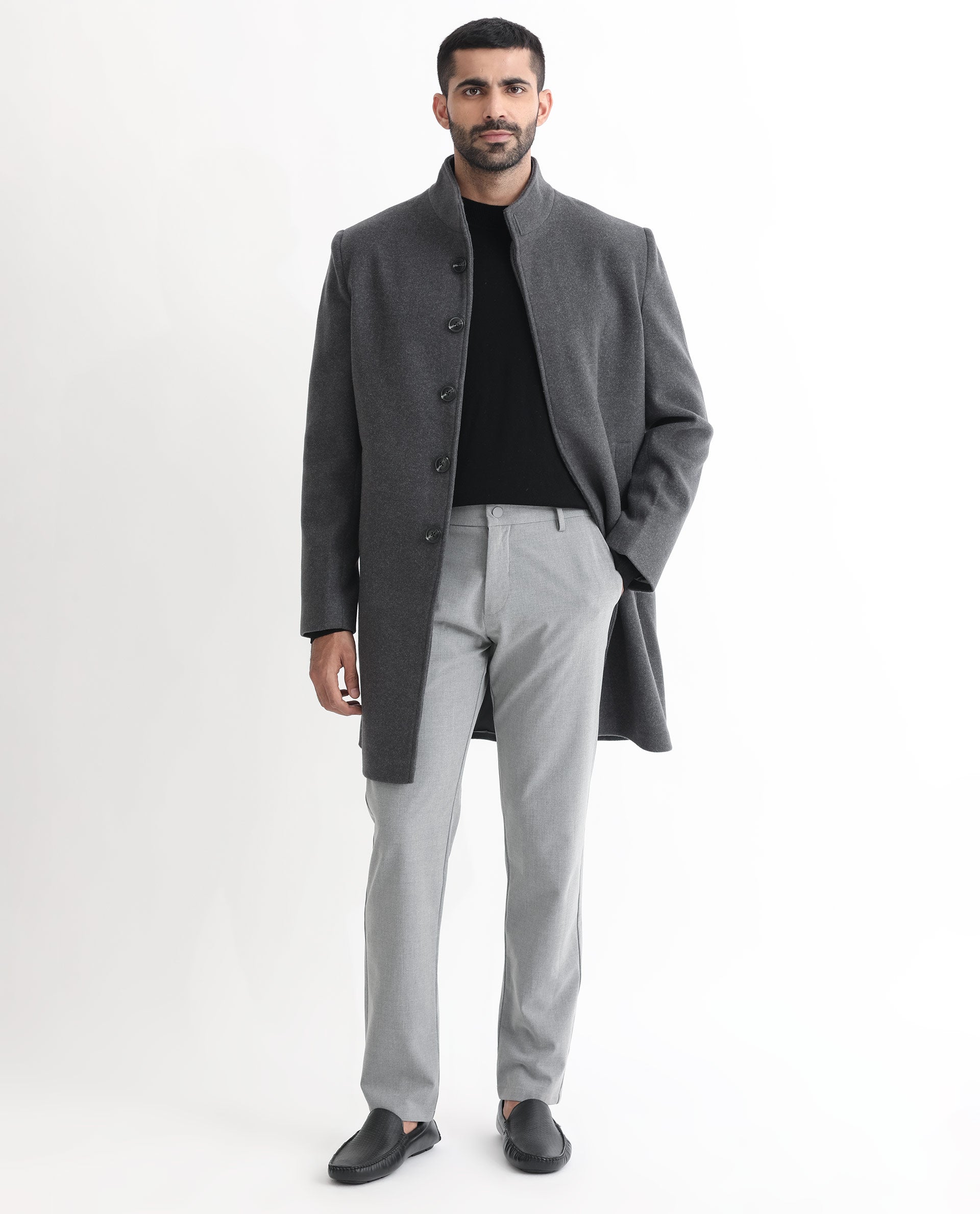 Rare Rabbit Men's Dune Grey Textured High Neck Long Coat