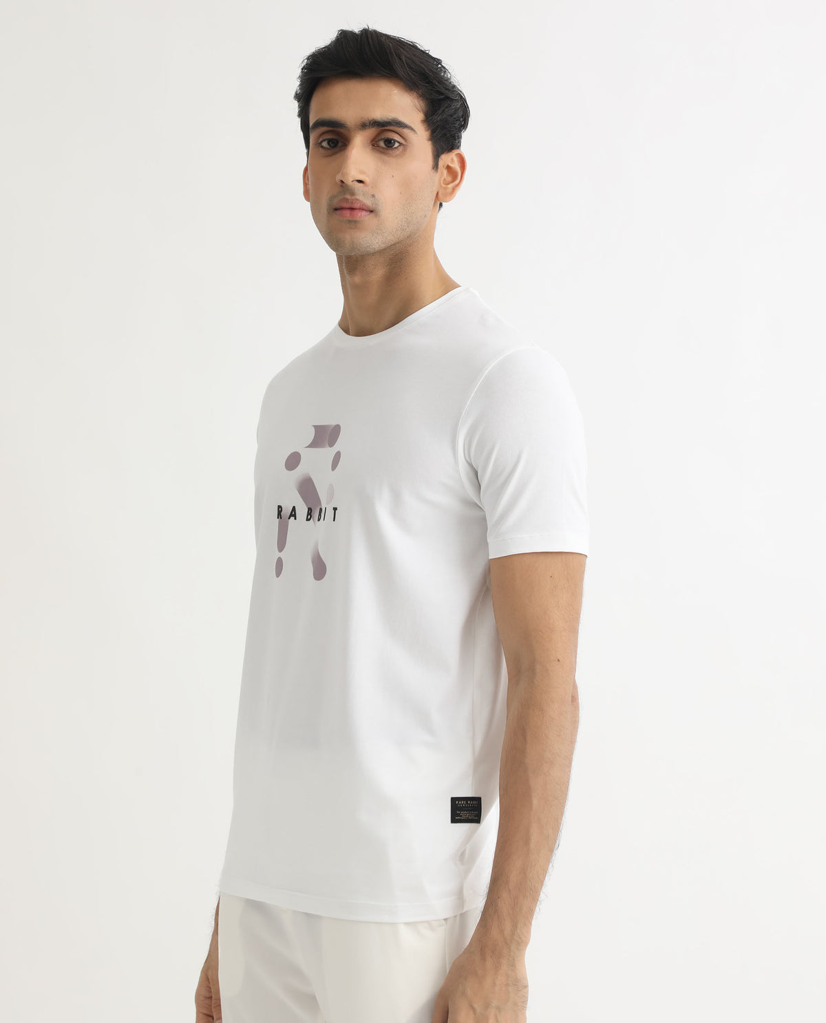 Rare Rabbit Men's Dunstone White Crew Neck Gradient Discharge Print Branding Half Sleeves T-Shirt