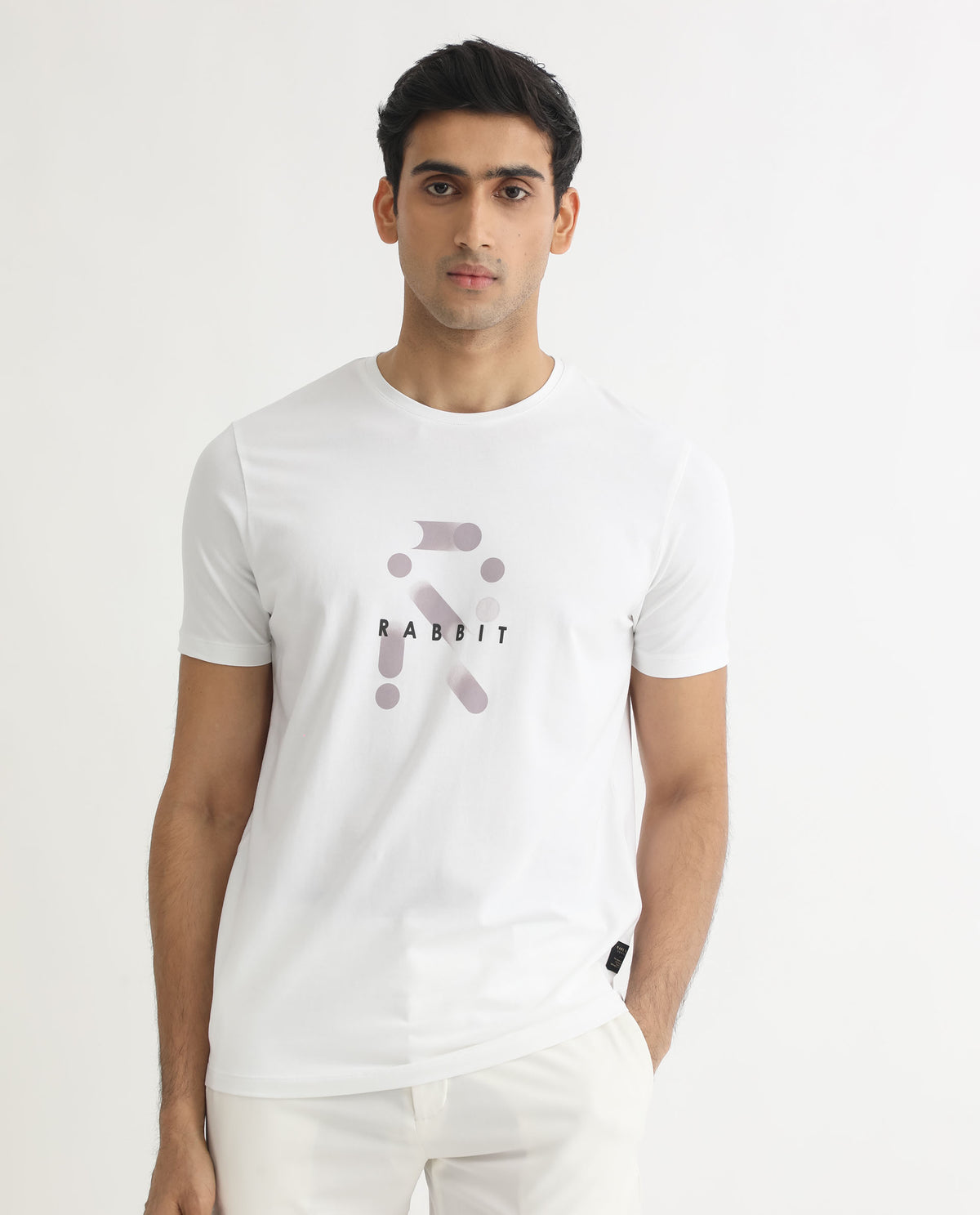 Rare Rabbit Men's Dunstone White Crew Neck Gradient Discharge Print Branding Half Sleeves T-Shirt