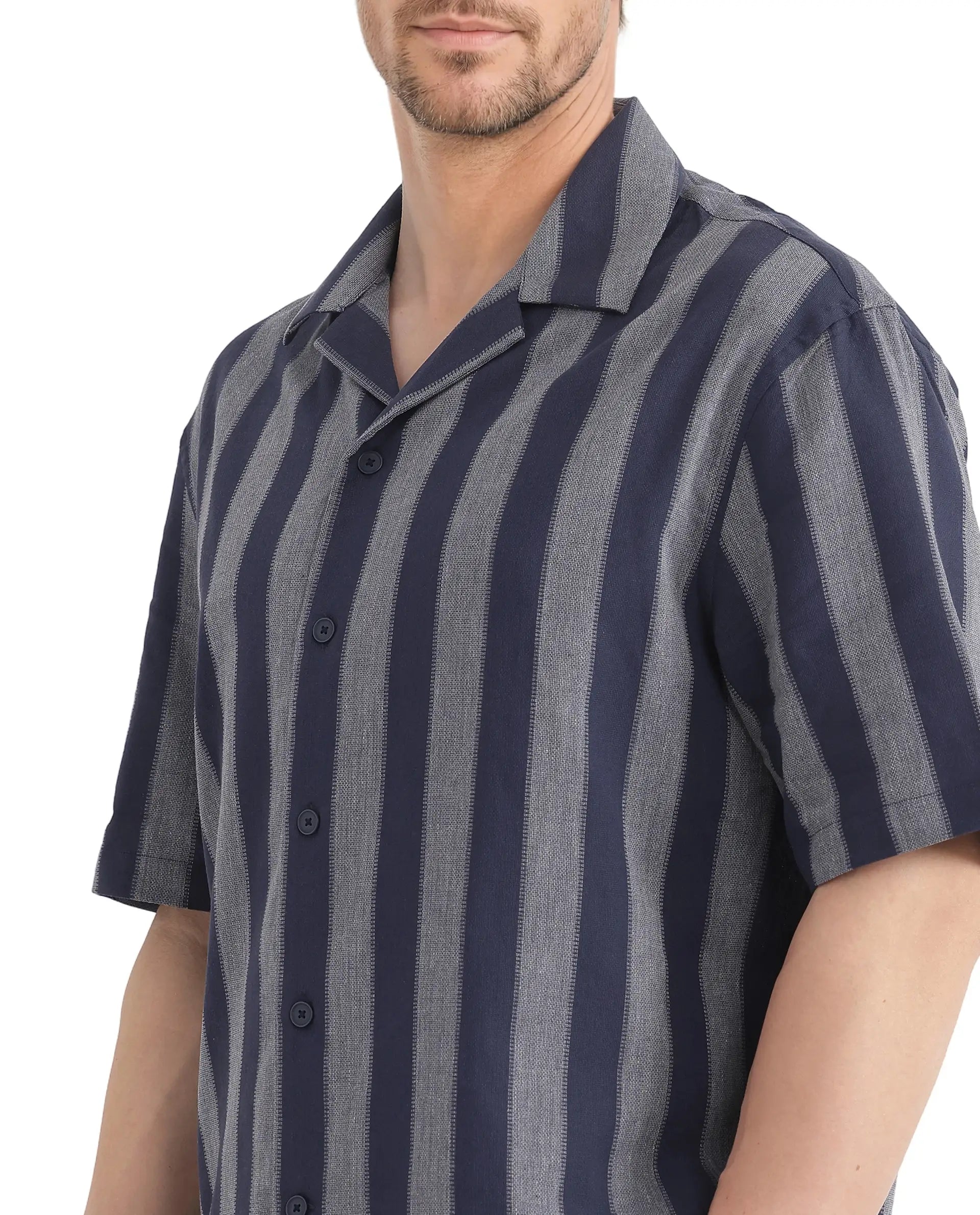 Rare Rabbit Men's Dushan Navy Cotton Fabric Short Sleeve Cuban Collared Boxy Fit Striped Shirt