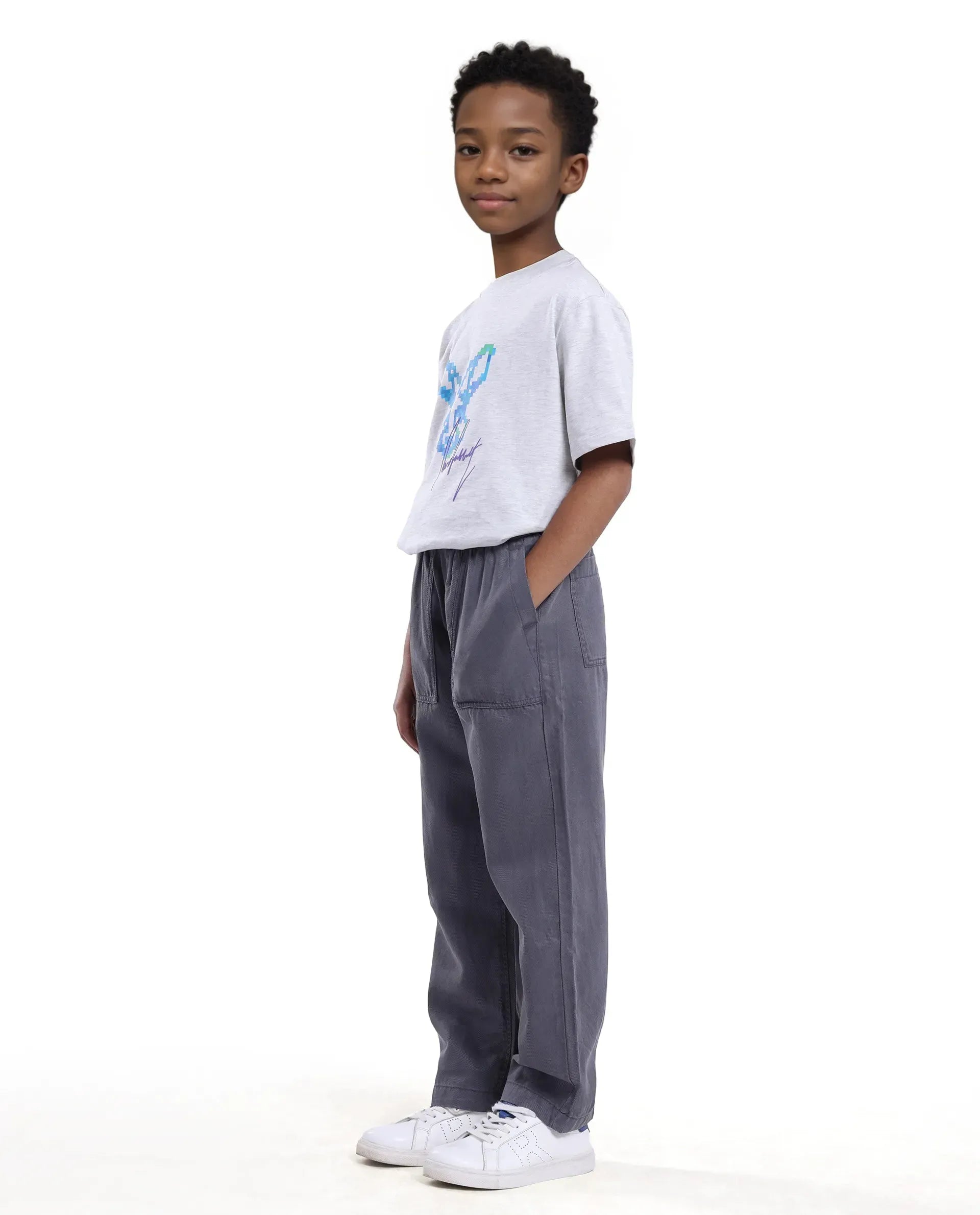 Rare Ones Kids Dusk Grey Cotton Blend Plain Drawstring Regular Fit Trouser