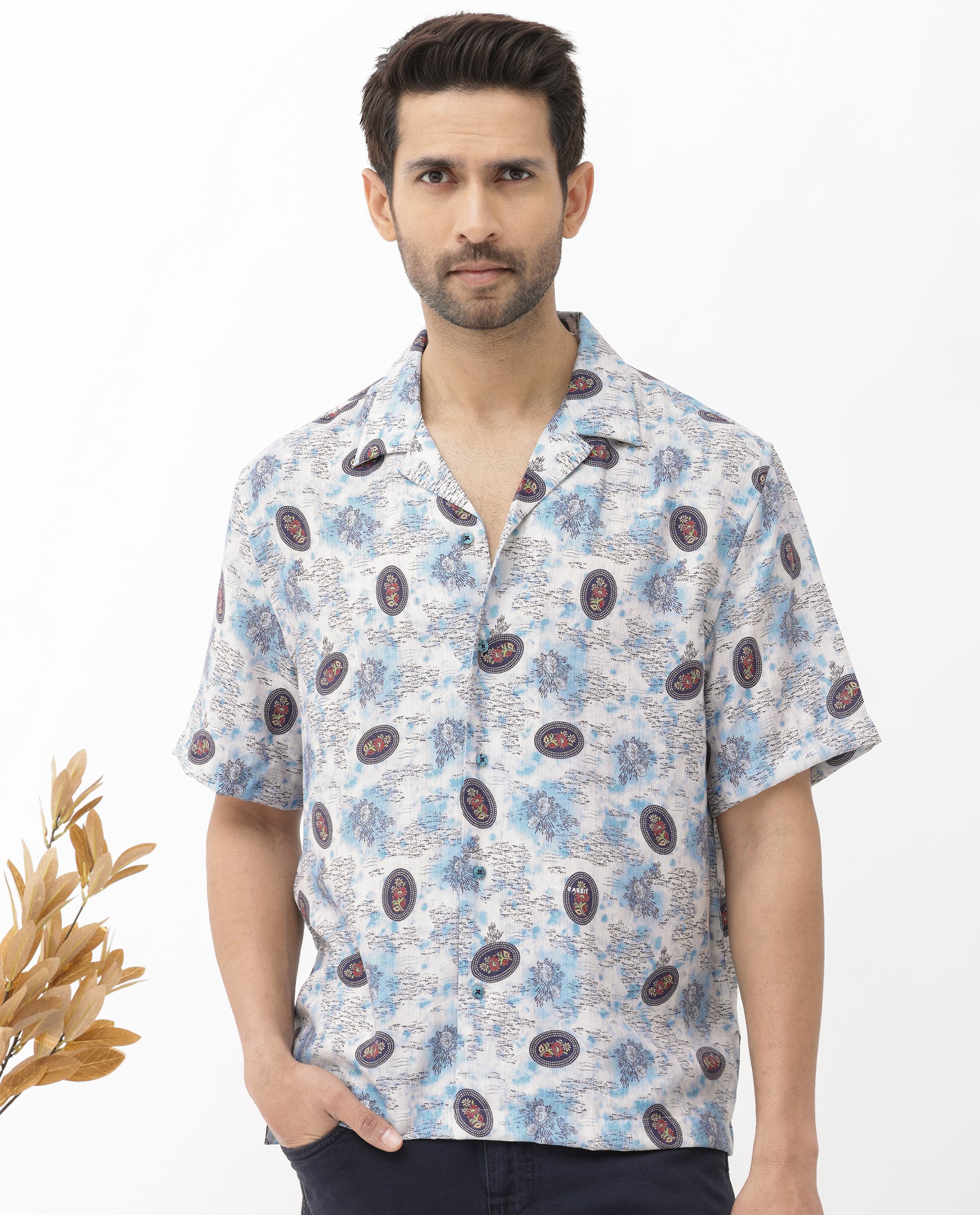 Rare Rabbit Mens Duskon Blue Short Sleeve Boxy Fit Abstract Print Shirt
