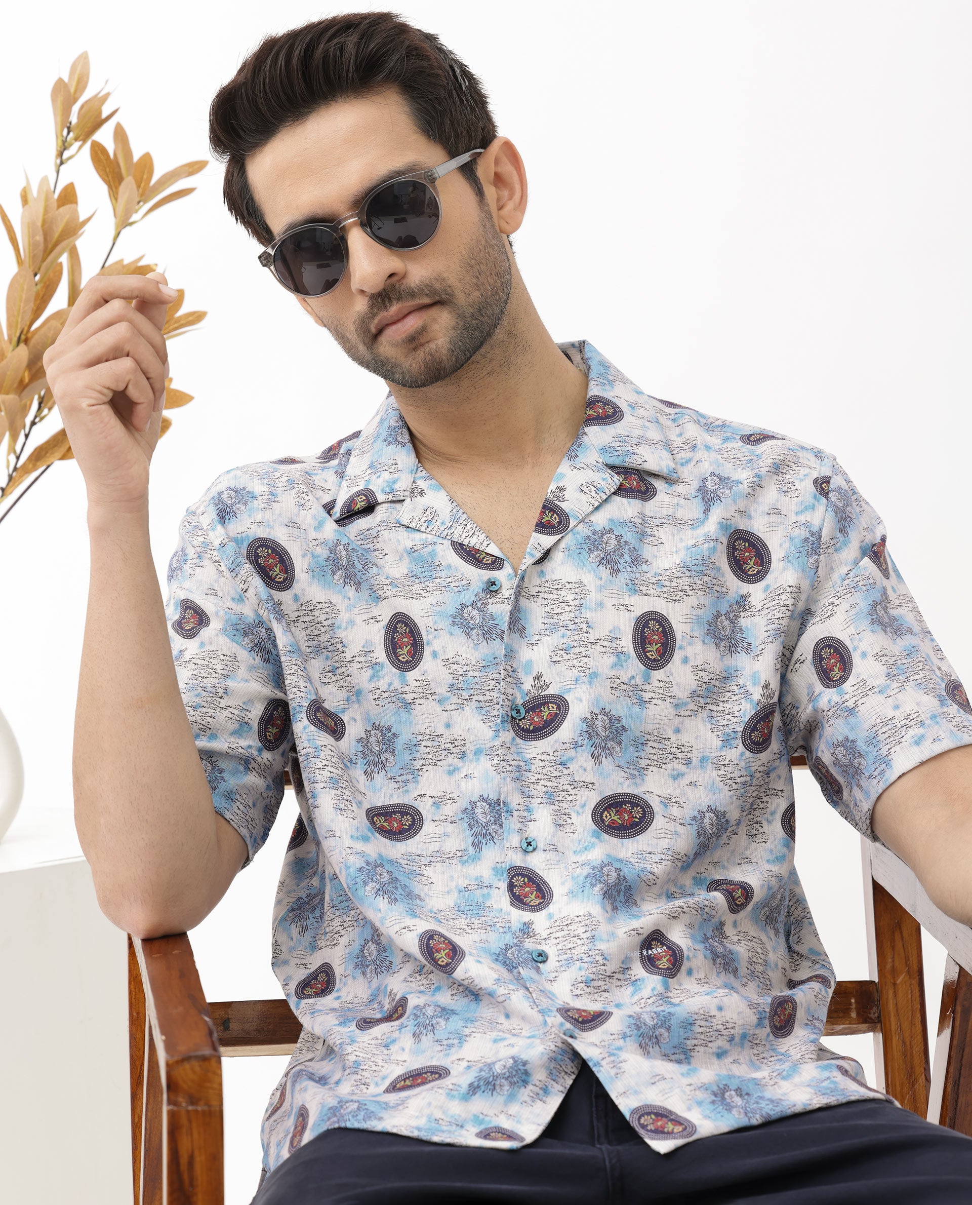 Rare Rabbit Mens Duskon Blue Short Sleeve Boxy Fit Abstract Print Shirt