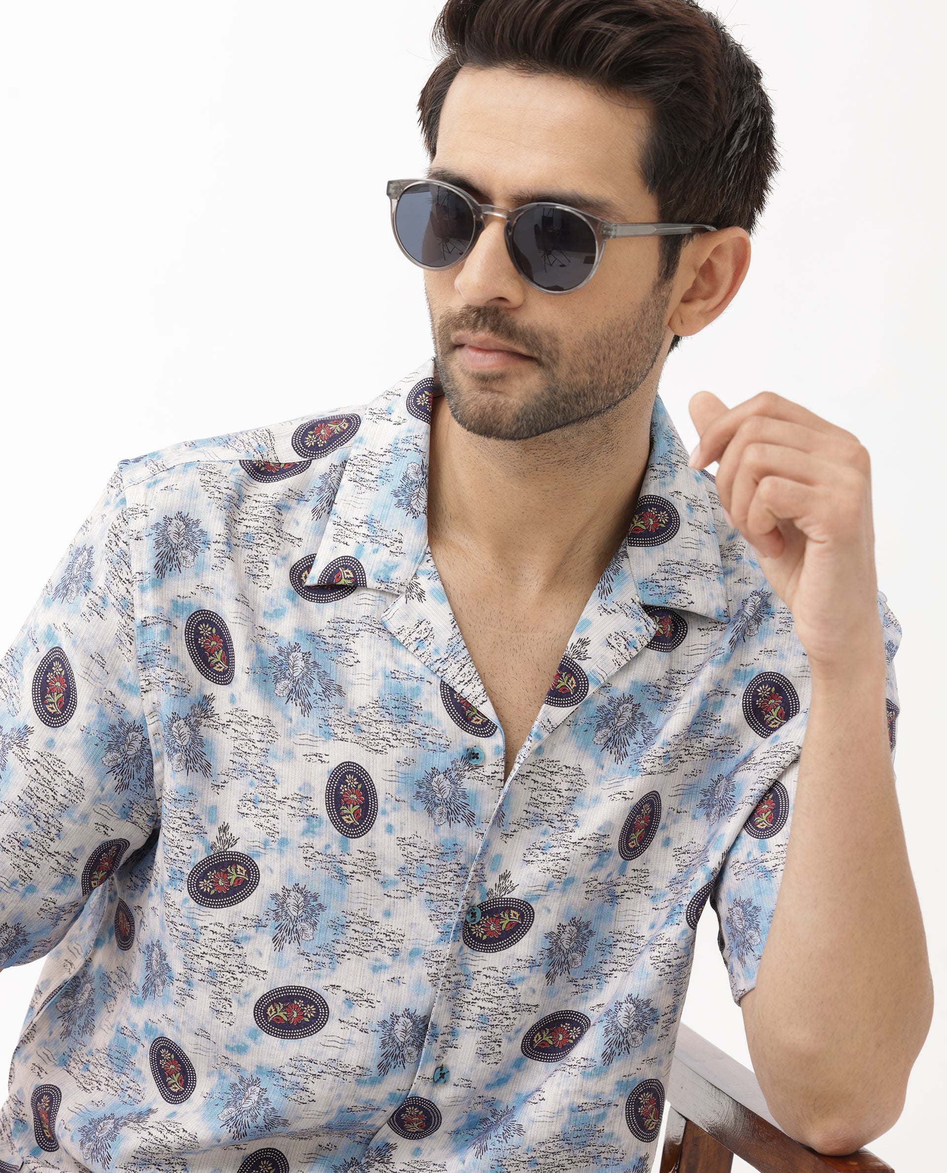 Rare Rabbit Mens Duskon Blue Short Sleeve Boxy Fit Abstract Print Shirt