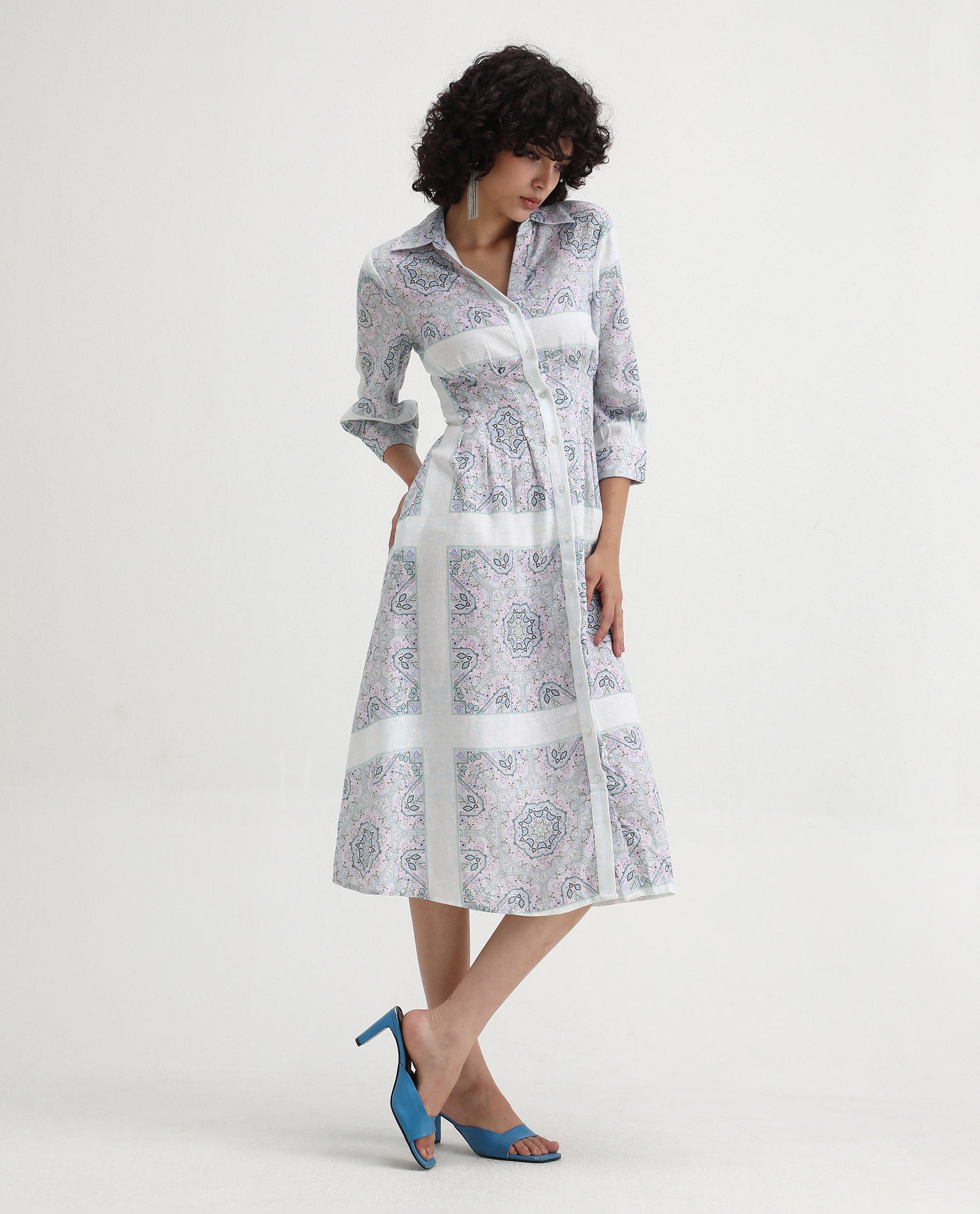 Rareism Women's Dusturn Multi Cotton Blend Drop Collar Bandana Print Cuffed Sleeve Maxi Fit And Flare Dress