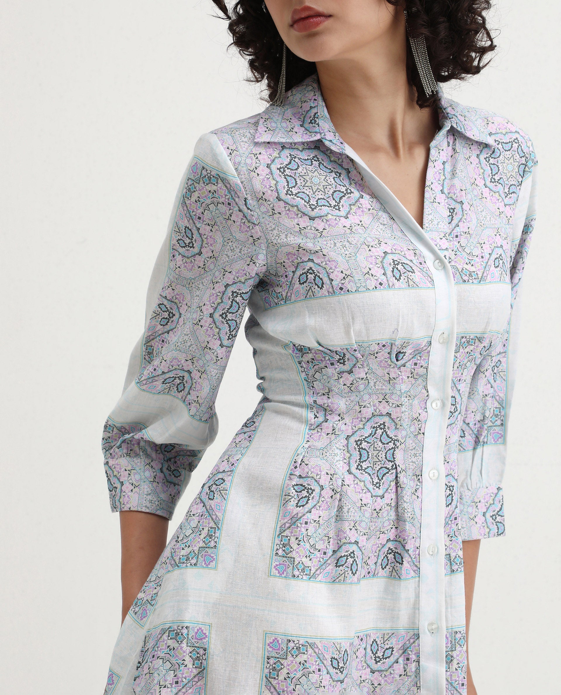 Rareism Women's Dusturn Multi Cotton Blend Drop Collar Bandana Print Cuffed Sleeve Maxi Fit And Flare Dress