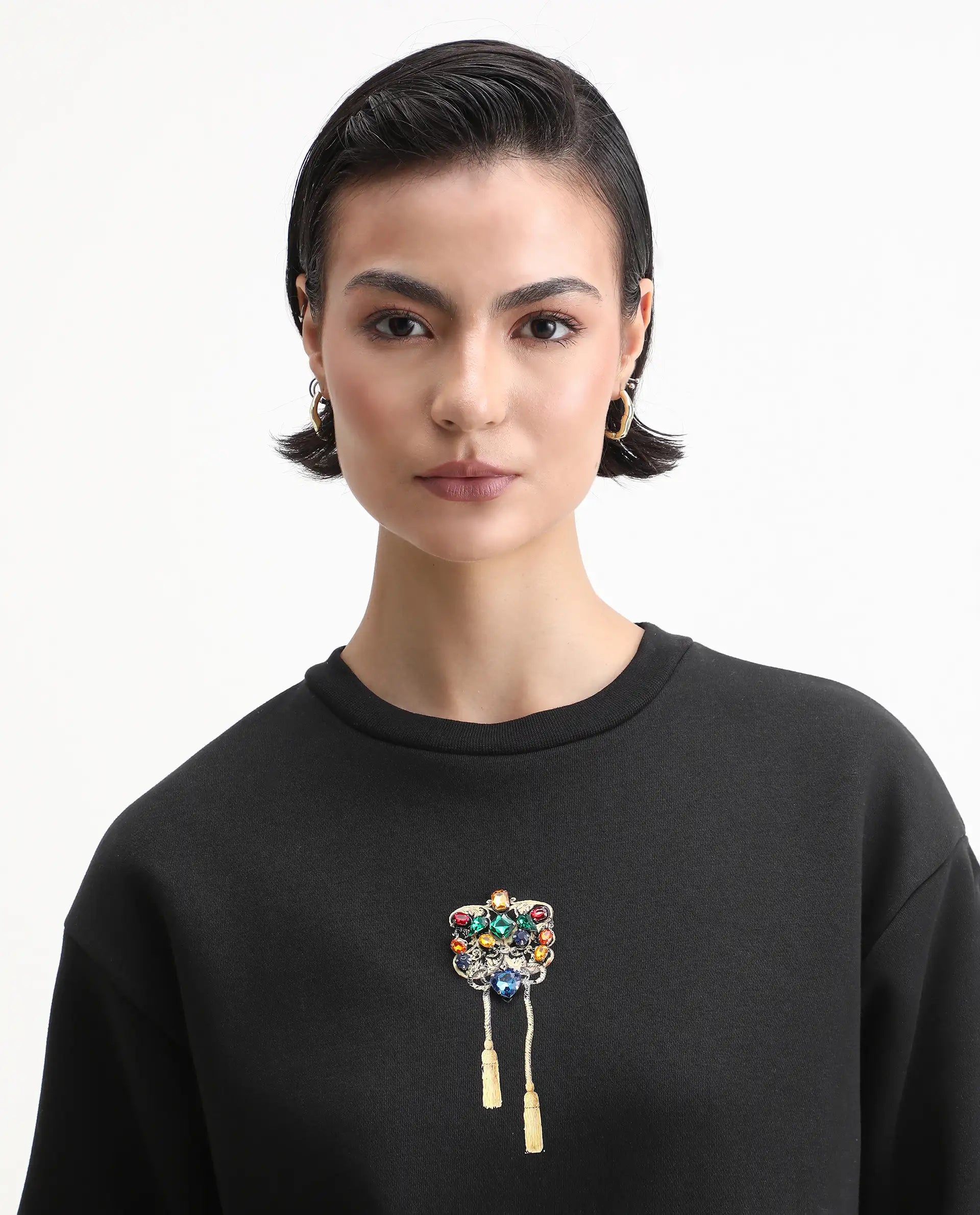 Rareism Women's Duth Black Cotton Blend Crew Neck Regular Fit Printed Sweatshirt