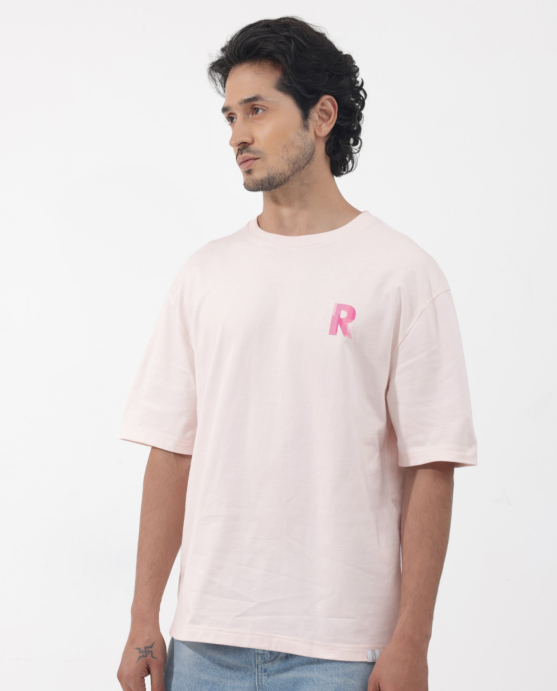 Rare Rabbit Articale Men's Dutton Pink Cotton Polyester Fabric Crew Neck Oversized Fit Graphic Print T-Shirt