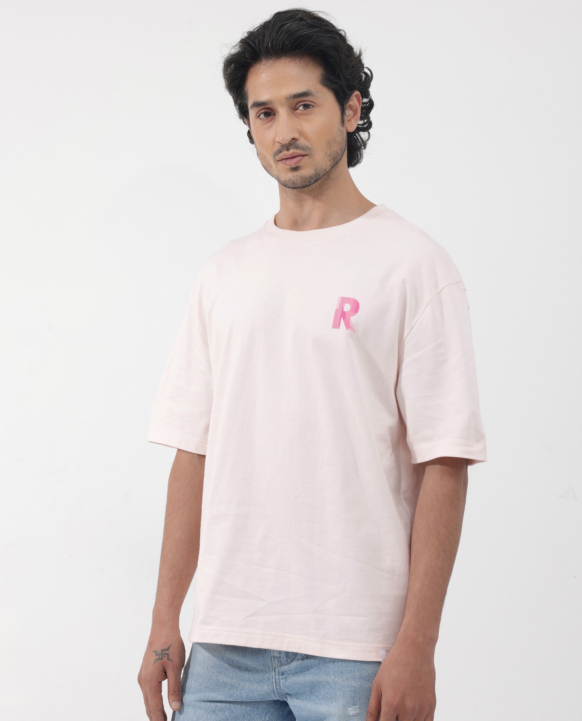Rare Rabbit Articale Men's Dutton Pink Cotton Polyester Fabric Crew Neck Oversized Fit Graphic Print T-Shirt